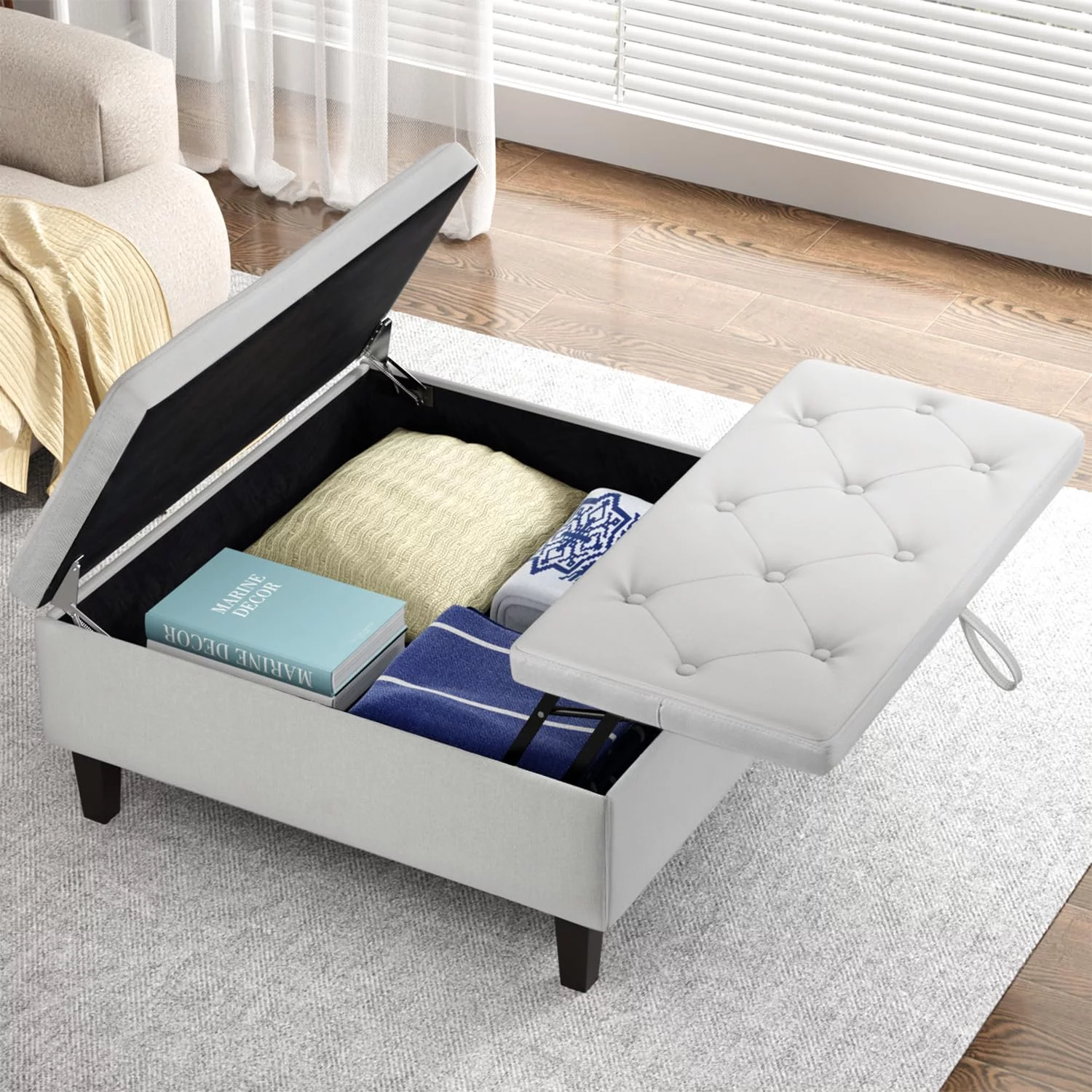RichYa Large Square Storage Ottoman with Storage Toy Box for Living Room, Light Gray Linen