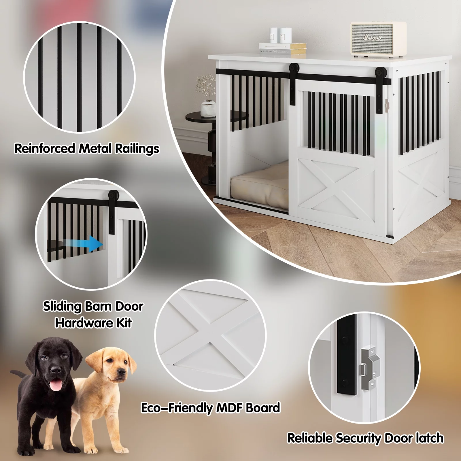 TENONER Dog Crate Furniture with Sliding Door, Wooden Dog Kennel Furniture Side End Table, Barn Door Large Pet Crate for Small to Medium Dogs, White, Need to Assembly