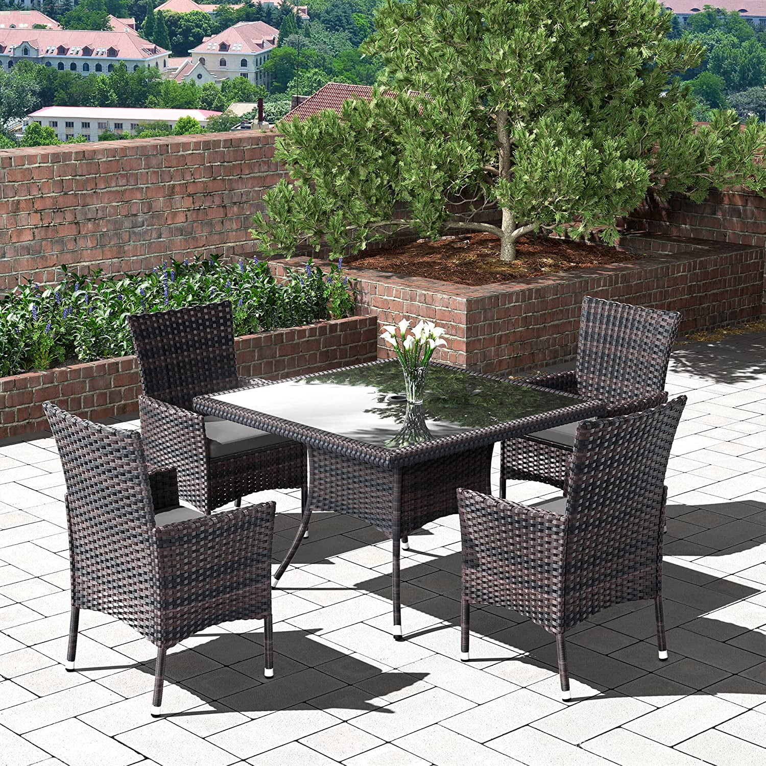ALAULM 5 Pieces Patio Dining Set Outdoor Rattan Furniture with Square Glass Tabletop 4 Chairs with Cushions for Patio, Backyard Outdoor Kitchen Lawn & Garden Gray