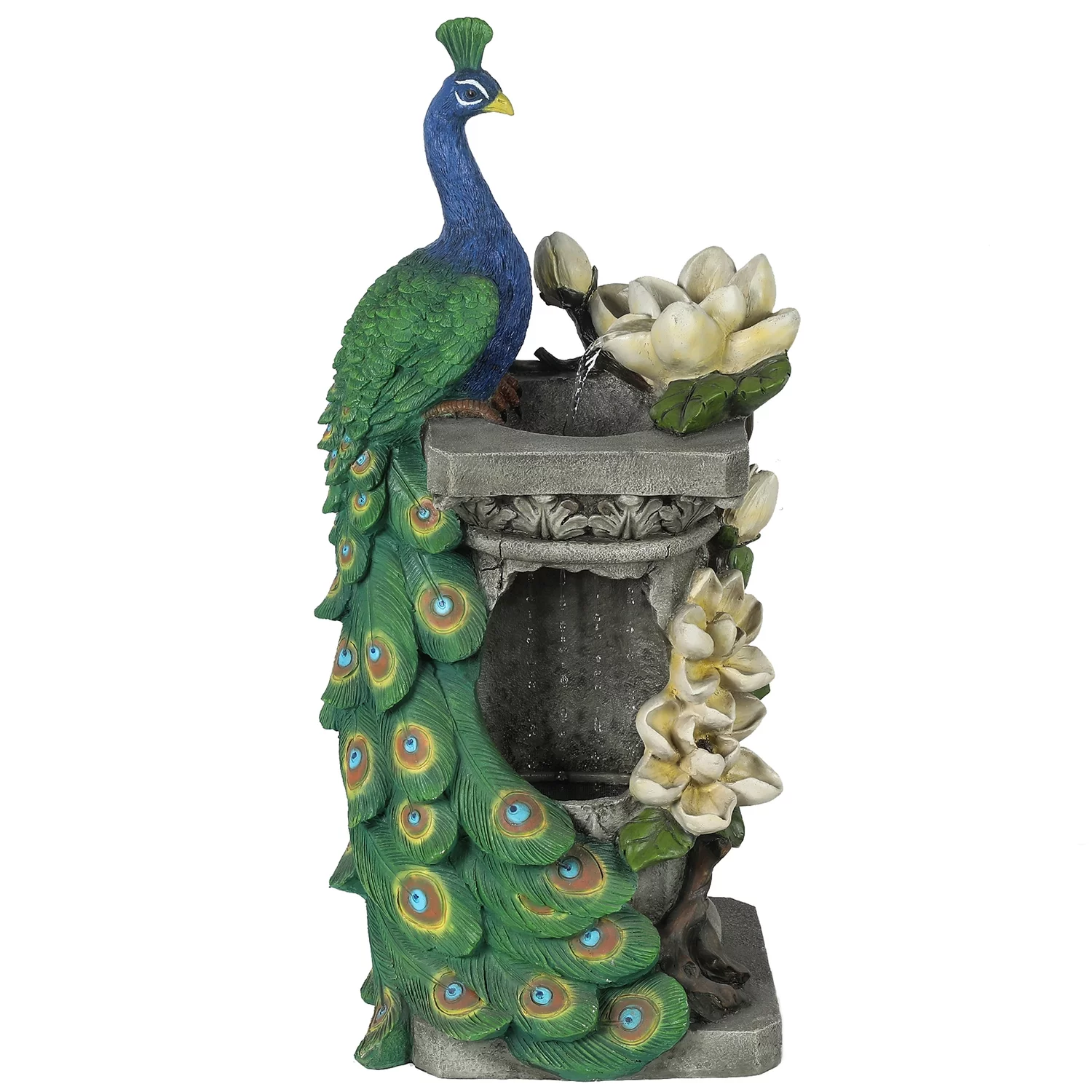 Resin Blue and Green Peacock Outdoor Fountain with LED Light