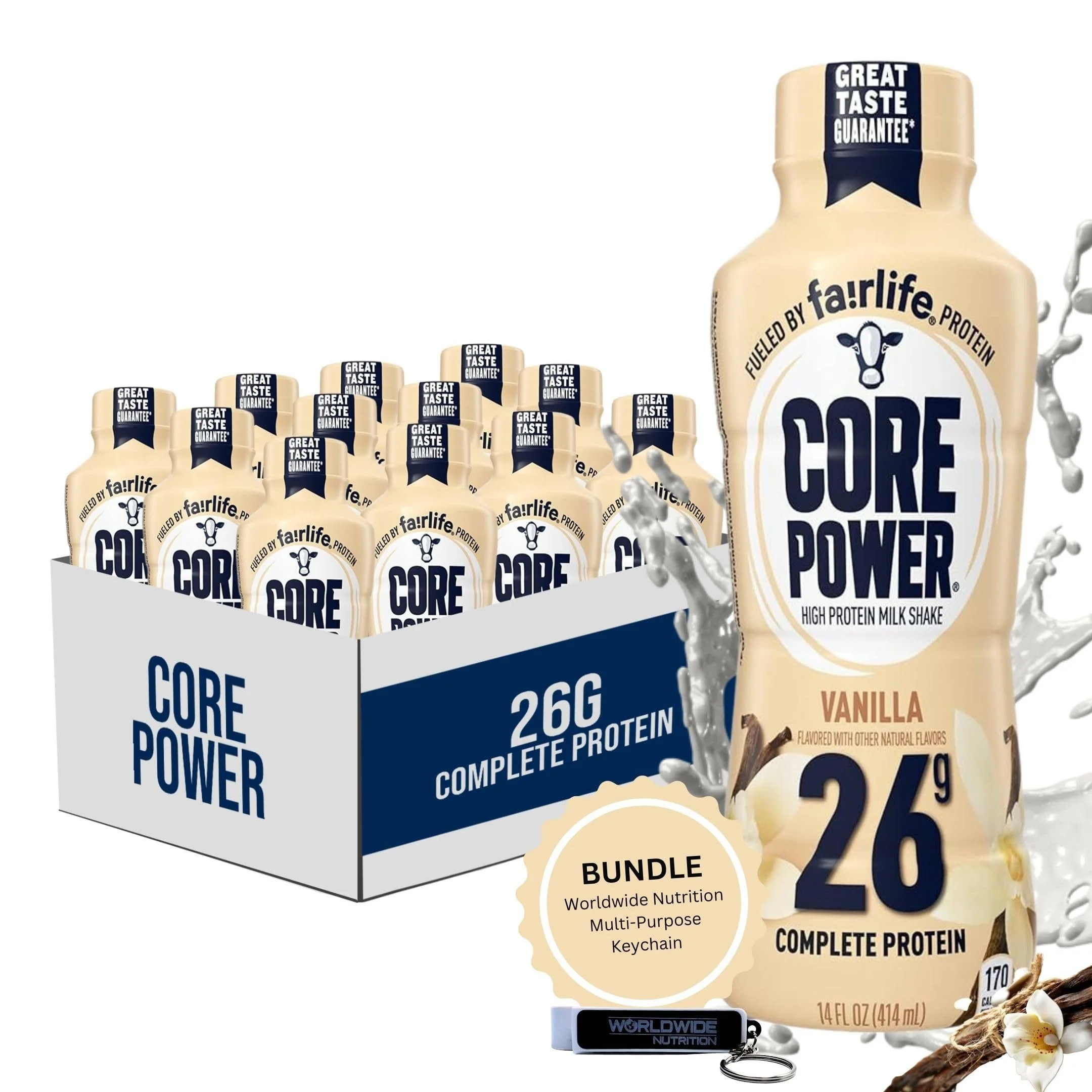 Core Power Fairlife 26g Protein Milk Shakes - Protein Shakes Ready To Drink for Workout Recovery - Vanilla, 14 Fl Oz Pack of 12 and Multi-Purpose Key Chain