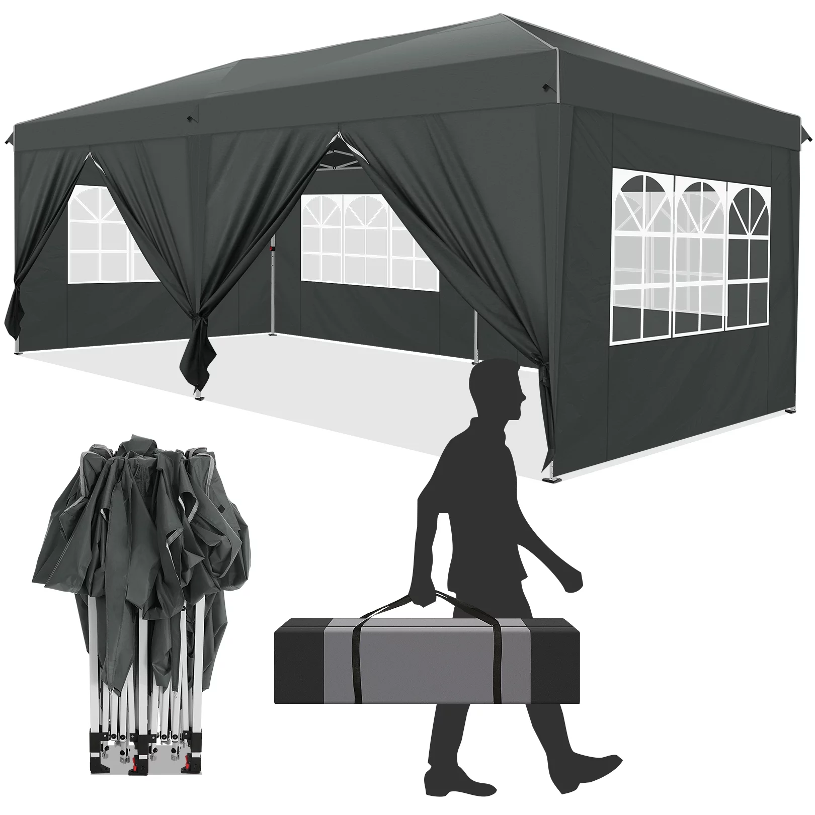 10'x20' Ez Pop up Canopy Party Tent with 6 Privacy Sidewalls, Portable Instant Commercial Canopy, Waterproof Tent for Wedding All Season Tent for Market with Carry Bag, 4 Sandbags, Gray