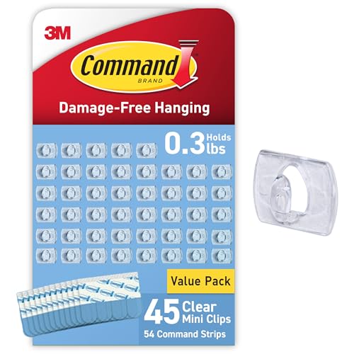 Command Indoor Mini Light Clips, Damage Free Hanging Christmas Light Clips, Mini Wall Clips for Hanging Indoor Christmas Decorations, Lights and Cables, 45 Clear Clips and 54 Command Strips