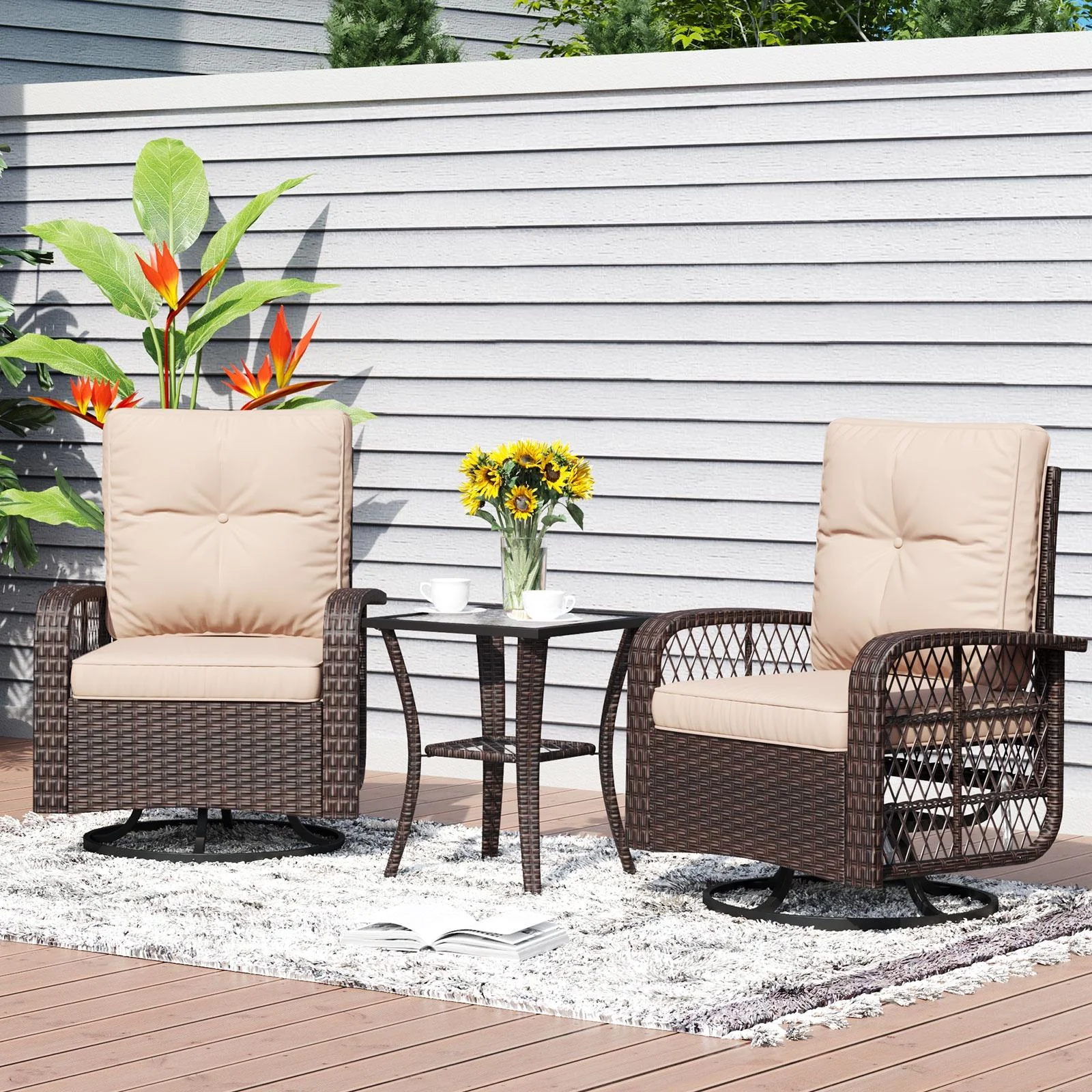 Aoxun 3 Piece Patio Chairs Set, Swivel Rocking Chairs for Patio, Wicker Bistro Set with Beige Cushions, Outdoor Swivel Rocker