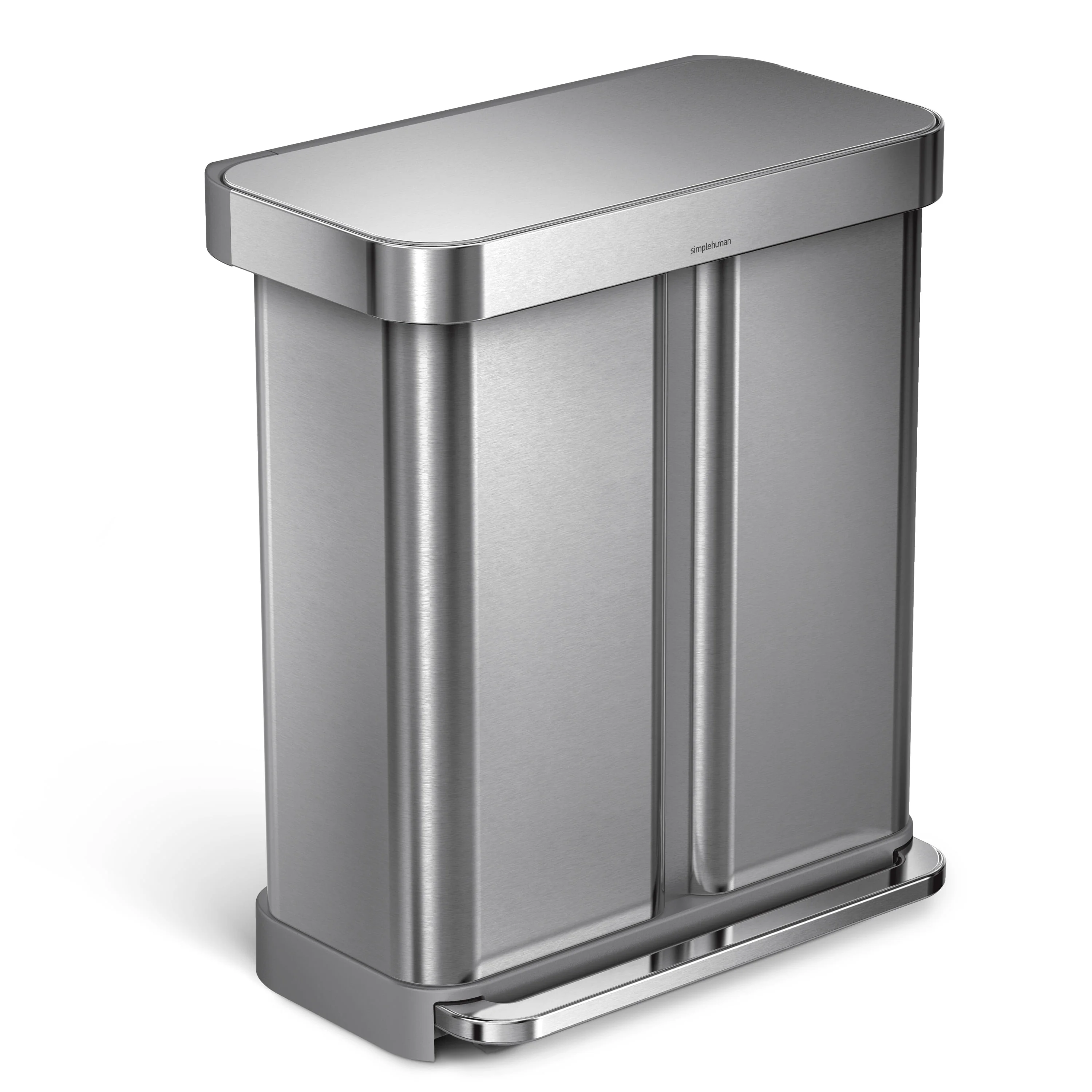 simplehuman 58 Liter / 15.3 gal Stainless Steel Dual Compartment Recycler Kitchen Step Trash Can, Brushed Stainless Steel