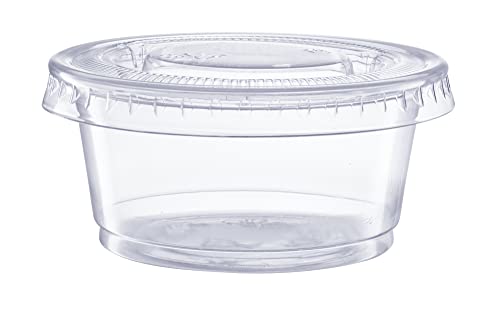Comfy Package [2 oz. - 100 Count Clear Disposable Plastic Portion Cups with Lids - Soufflé Cups, Jello Shot Cups With Lids, Clear Plastic Containers Perfect for salad Dressing and More