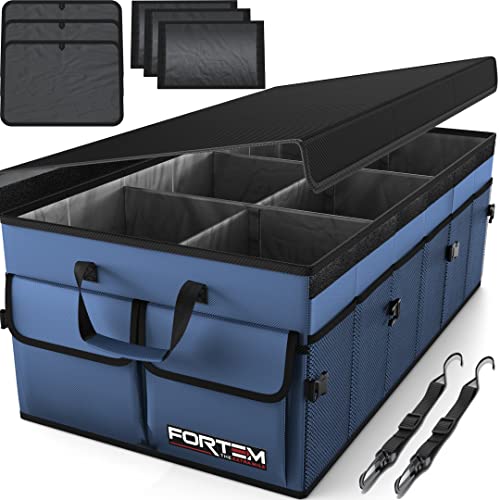 FORTEM Car Trunk Organizer, Collapsible Multi Compartment Car Organizer, Foldable SUV Storage for Car Accessories for Women Men, Non Slip Bottom, Securing Straps, Soft Cover 50L (Black, Standard)