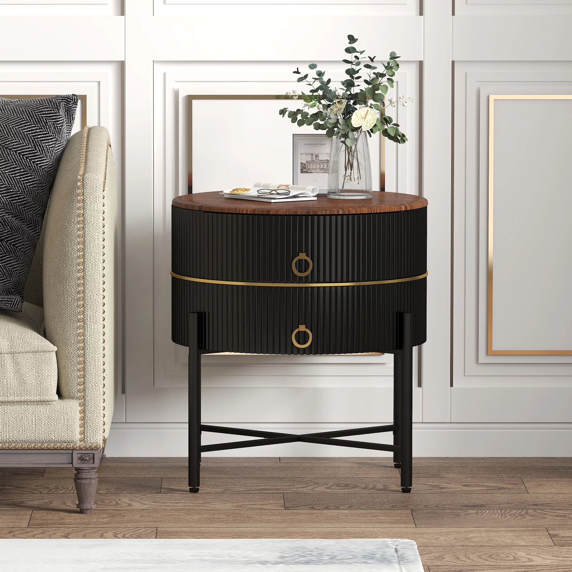 O&K FURNITURE Black End Table with 2-Drawer, Sofa Side Table with X-Metal Base, Round Nightstand for Living Room Bedroom
