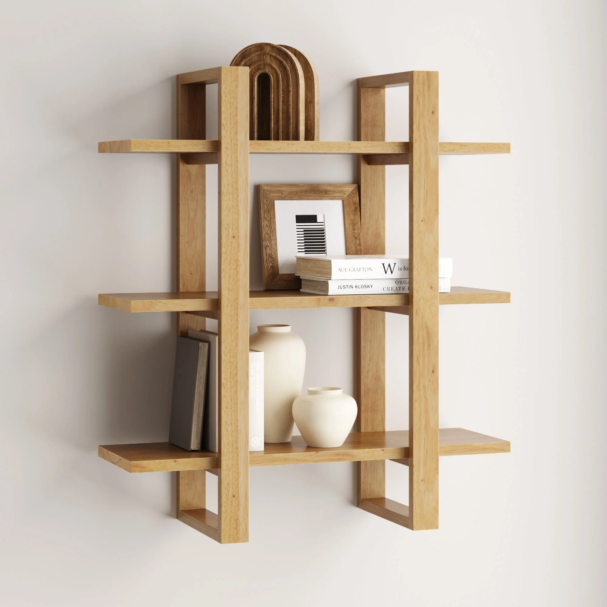 Nathan James Benji Floating Wall Book Shelves, 3-Tier Display Shelf, Decorative Modular Shelf in Solid Wood, Natural Brown