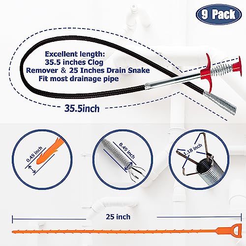 35.5inch Drain Clog Remover(1pcs), 25inch Drain Snake Hair Remover(6pcs) ＆ Cleaning Brush(2pcs), Hair Catcher Drain Auger Cleaner Tool Set For Toilet, Kitchen Sink, Bathroom Tub, Sewer, 9 Pack