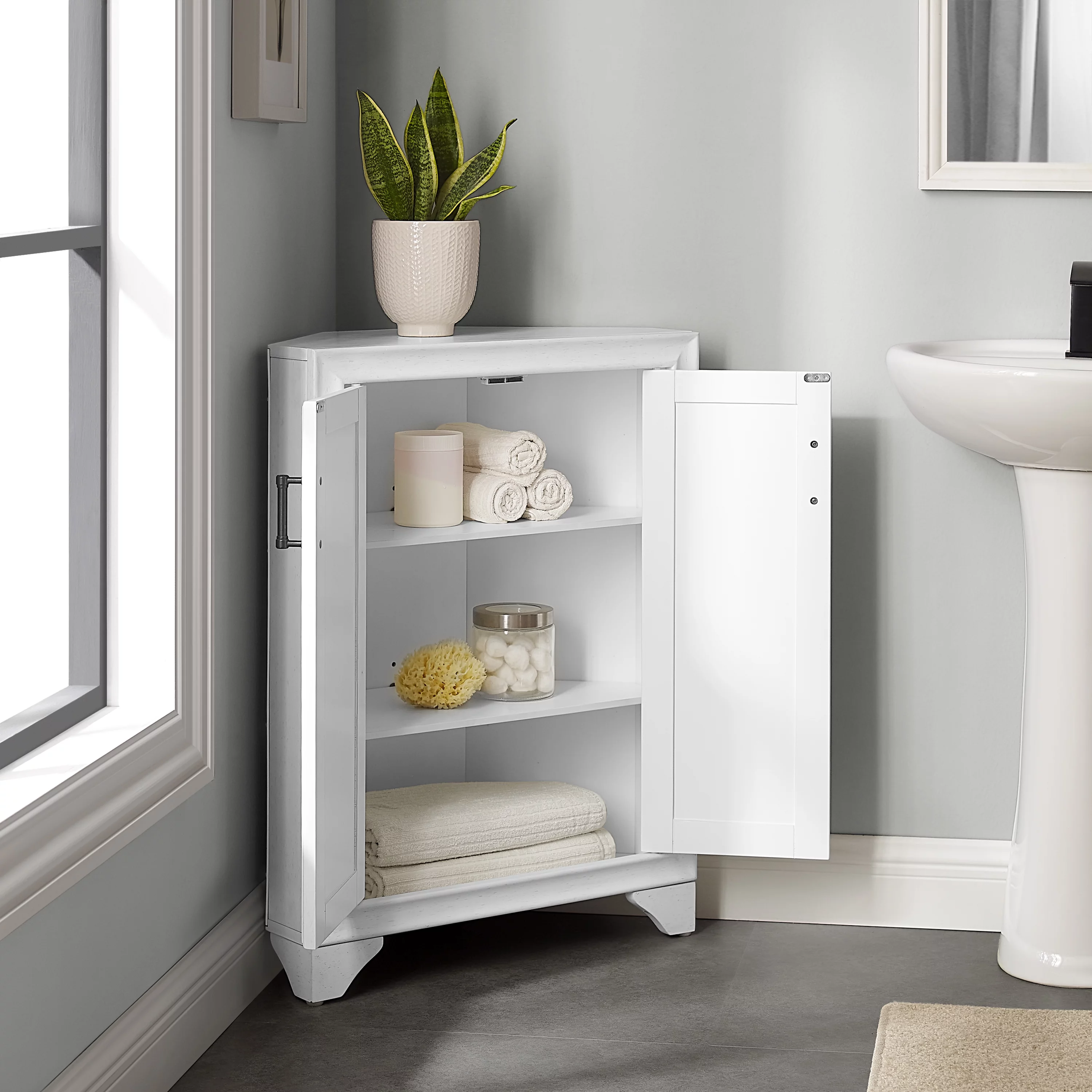 Crosley Tara Corner Storage Cabinet Distressed White