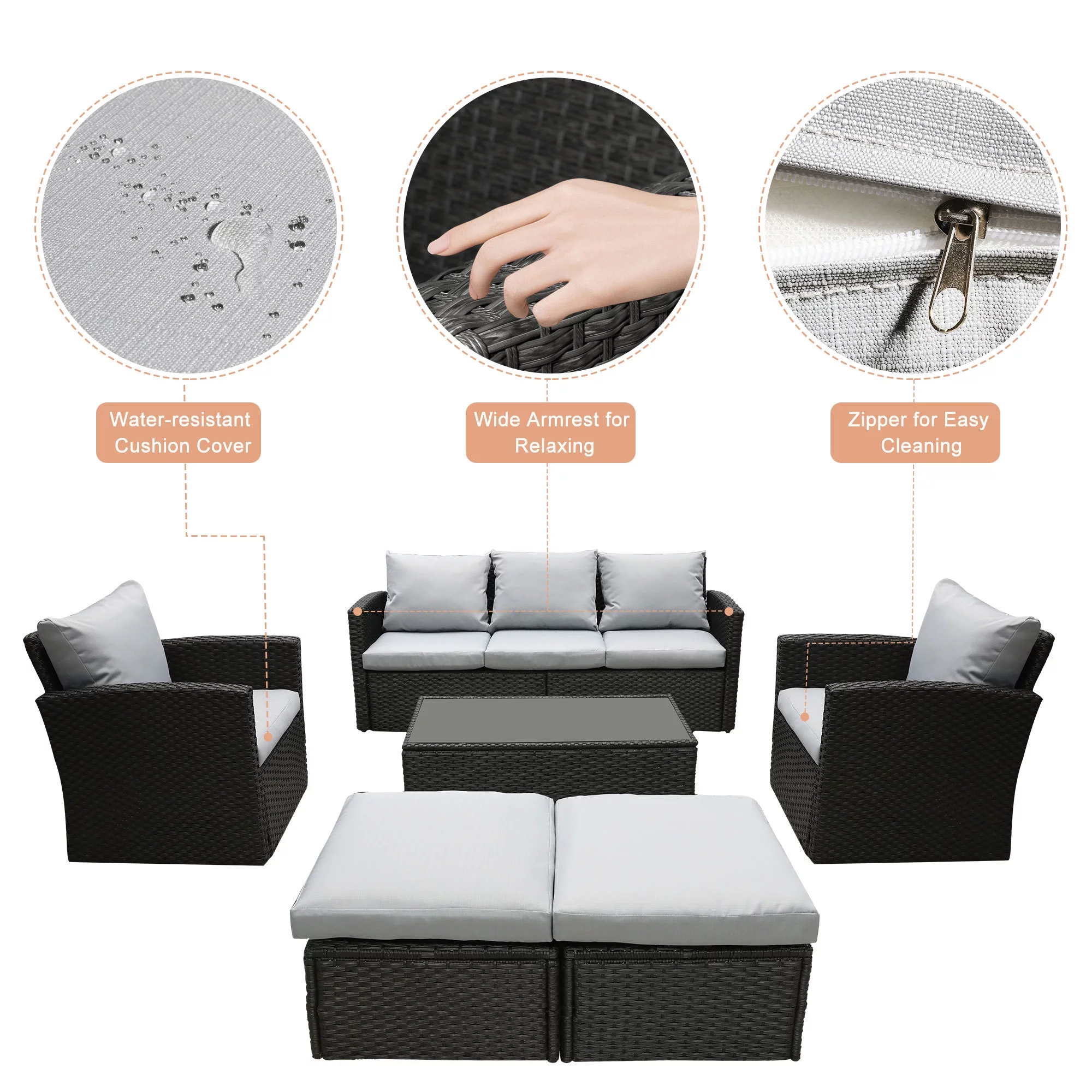 Superjoe 8 Pcs Patio Furniture Set Wicker Outdoor Sectional Sofa with Coffee Table and Ottomans, Gray