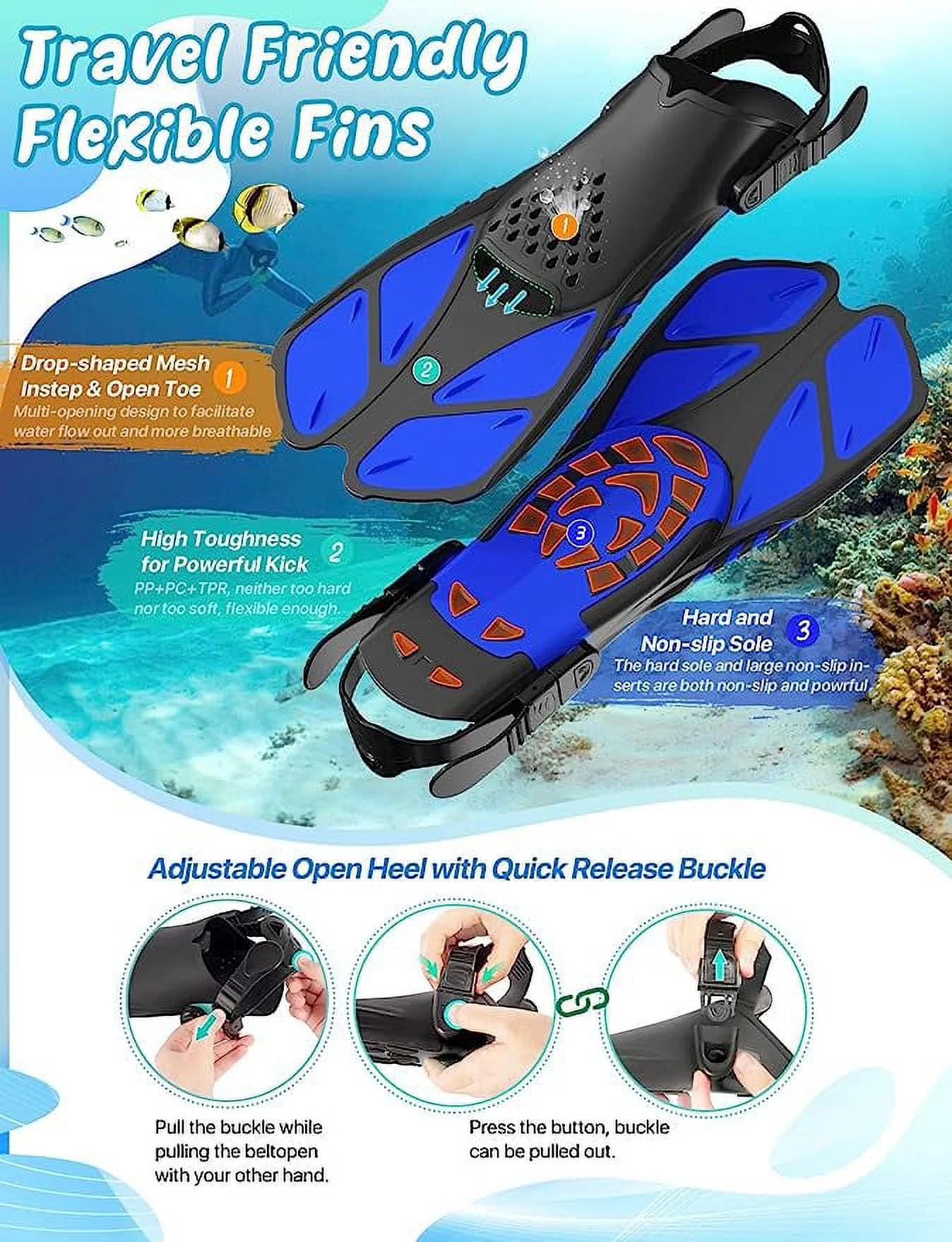 Zenoplige Mask Fins Snorkel Set with Adult Junior Scuba Snorkeling Gear, Panoramic View Diving Mask Deep Blue