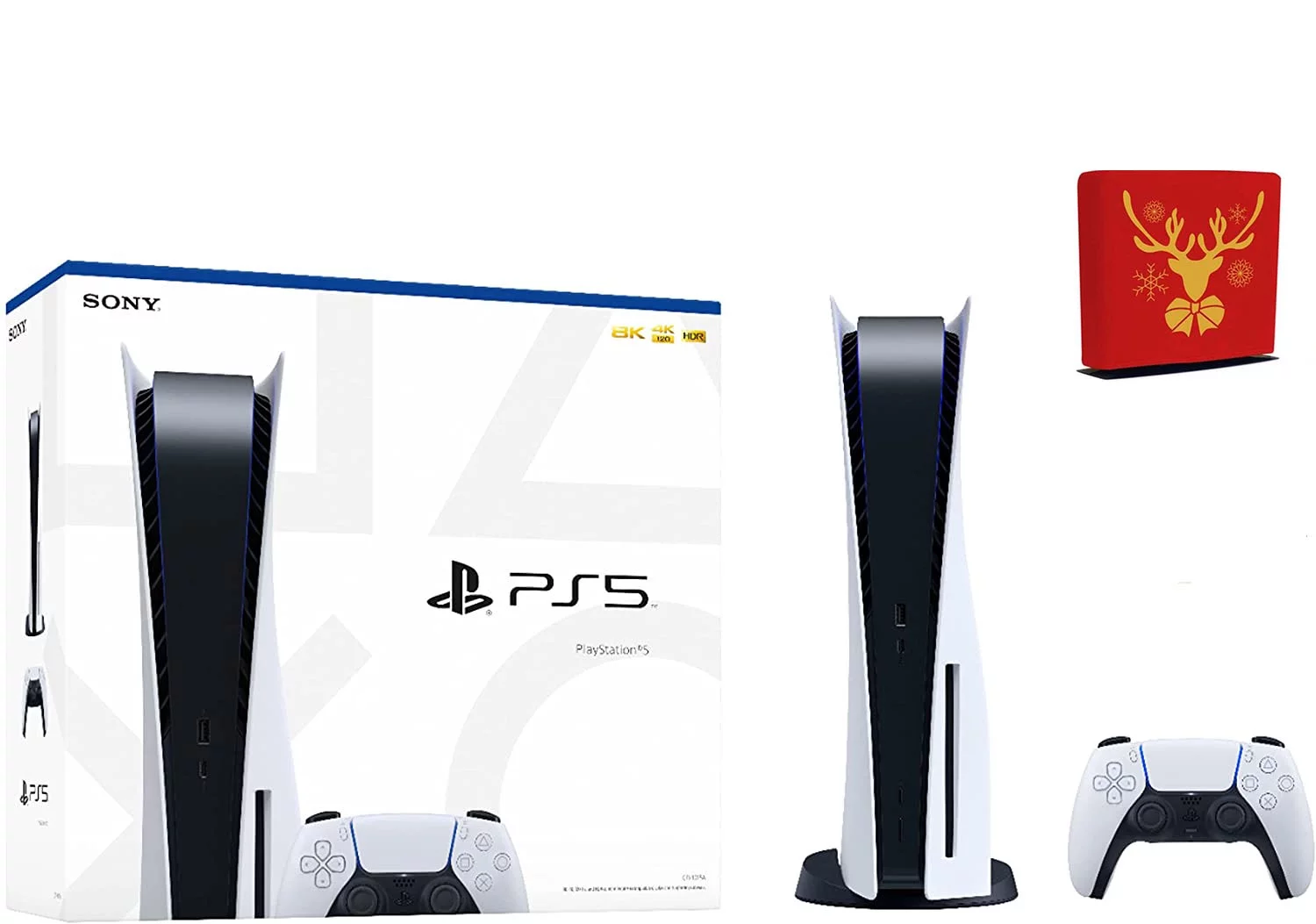 Sony PS5 Playstation 5 Console Disc Version + 1 Wireless Controller, x86-64-AMD Ryzen Zen 8 Cores CPU, 16GB GDDR6 Memory, 800GB SSD Storage - Christmas Deer gift bag