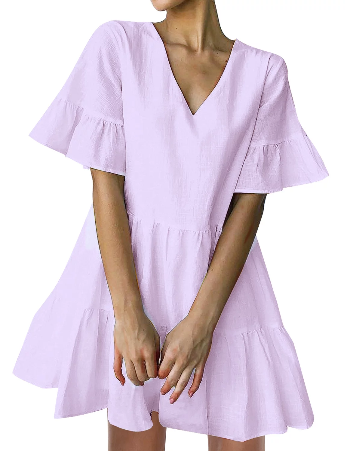 FANCYINN Women’s Sweet Shift Tunic Dress Short Bell Sleeve V Neck Causal Swing Red Ruffle Mini Dress with Pockets Light Purple M