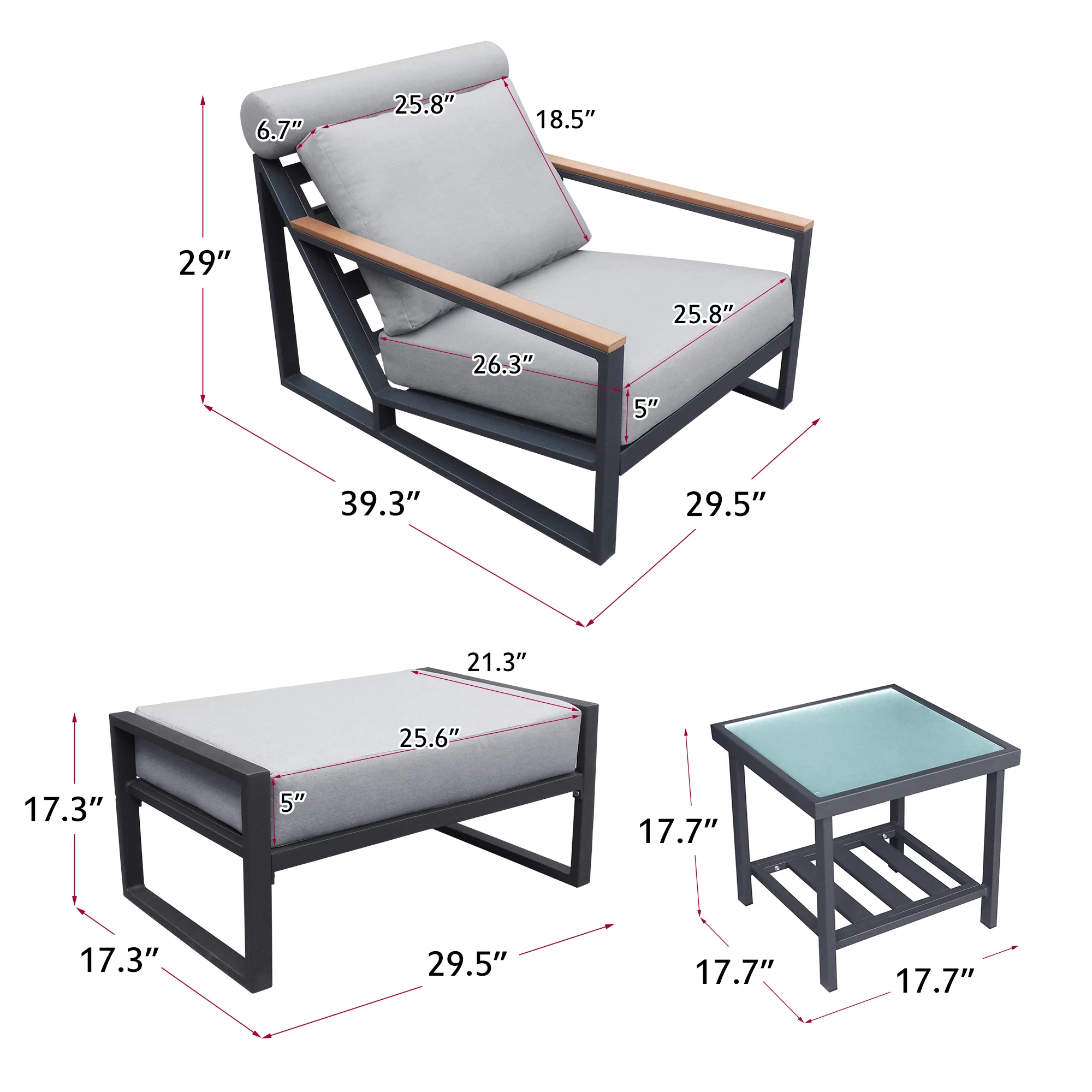 ATR ART to REAL 3PCS Outdoor Aluminum Recliner Sets, Outside Facedown Lounge Chair with Ottoman & Side Table,Gray