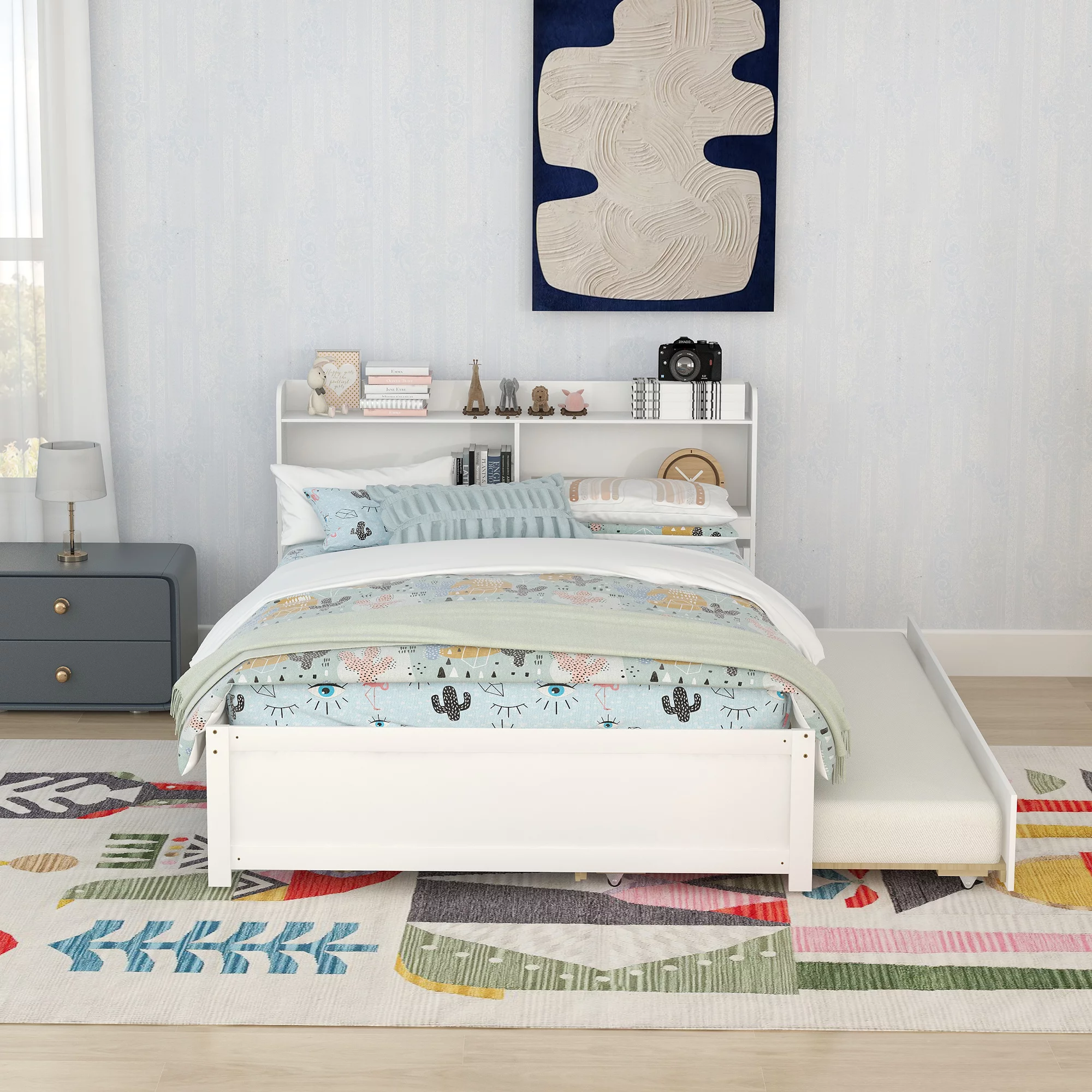 Full Trundle Bed with Bookcase Headboard, Wood Full Size Platform Bed Frame for Kids Teens Boys Girls, No Box Spring Needed (White)