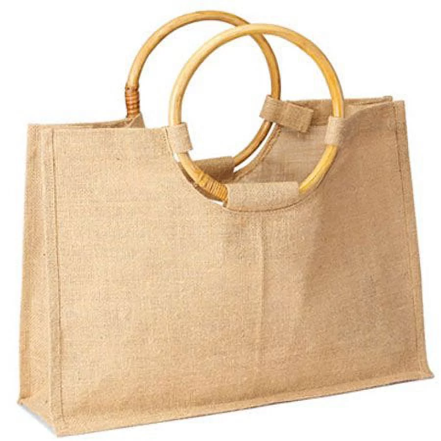 Eco-friendly Women shopping tote with round cane handles all natural in color size 17.5