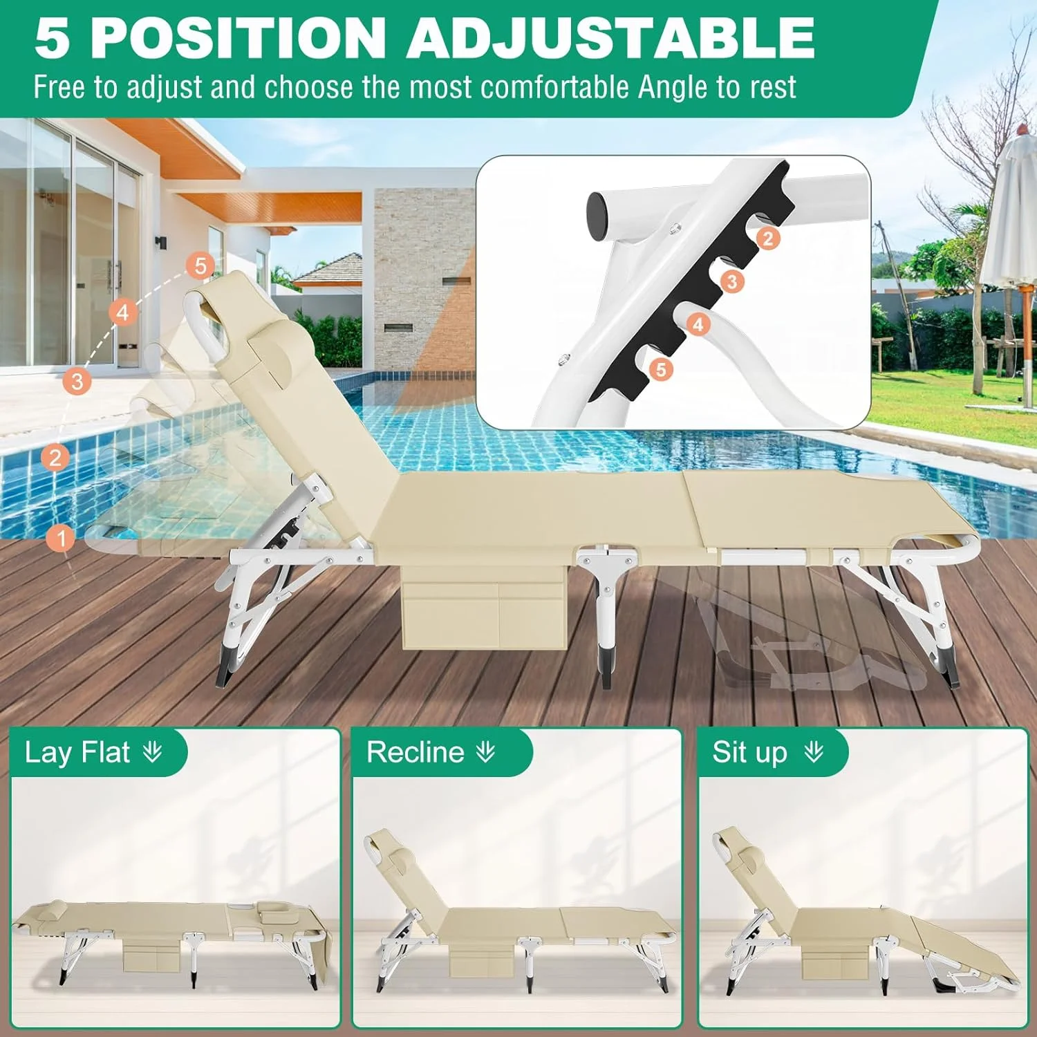 Slsy 3in1 Face Down Tanning Chair, Folding Lounger Chair with Face Arm Hole, Adjustable 5-Position, Removable Cushion & Pillow, Outside Sunbathing Lounge Chair for Patio, Poolside, Lawn, Beach