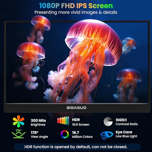 BIGASUO Portable Monitor, 15.6'' 1080P FHD Portable Monitor for Laptop, USB-C HDMI Computer Display HDR, Ultra-Slim IPS Gaming Monitor with Smart Cover for Laptop, PC, Phone, Mac, Xbox, PS4/5, Switch