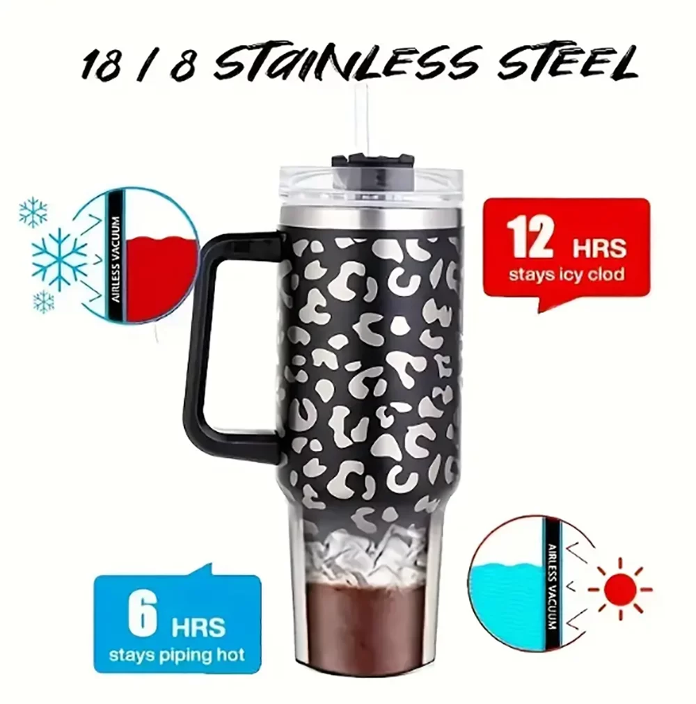 Stainless Steel Large Capacity 40 oz. Vacuum Insulated Cup Leopard Print Tumbler With Handle, Light Pink Leopard