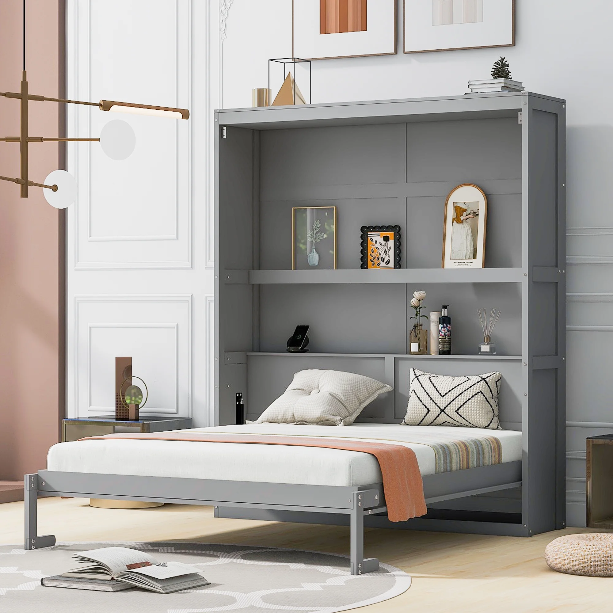 Churanty Queen Size Murphy Bed with Shelves, Foldable Wall Bedframe w/Flexible Slats Support, Space-Saving Design, Can Be Folded Into Cabinet, Gray