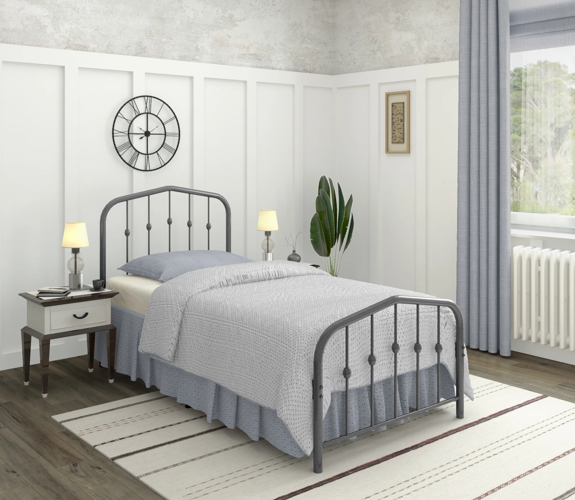 CastleBeds Washington Twin Metal Bed Frame with Headboard and Footboard Platform | Wrought Iron | Heavy Duty | Solid Sturdy Metal Slat | Charcoal Grey Silver | No Box Spring Needed