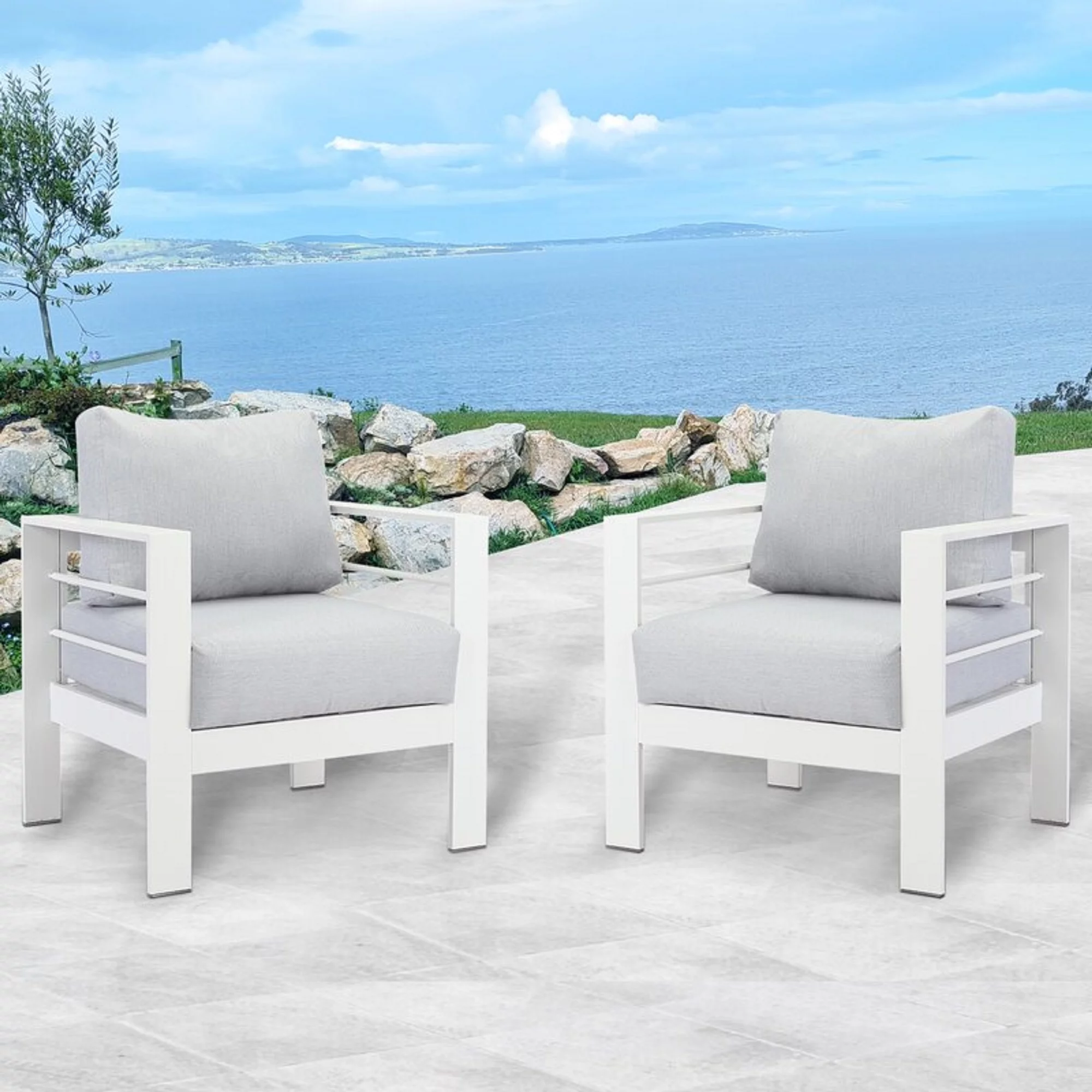 CozyHom 2 Pcs Modern Outdoor Patio Aluminum Sofa Furniture, Outside Metal Patio Sofa Chair With Cushions, White