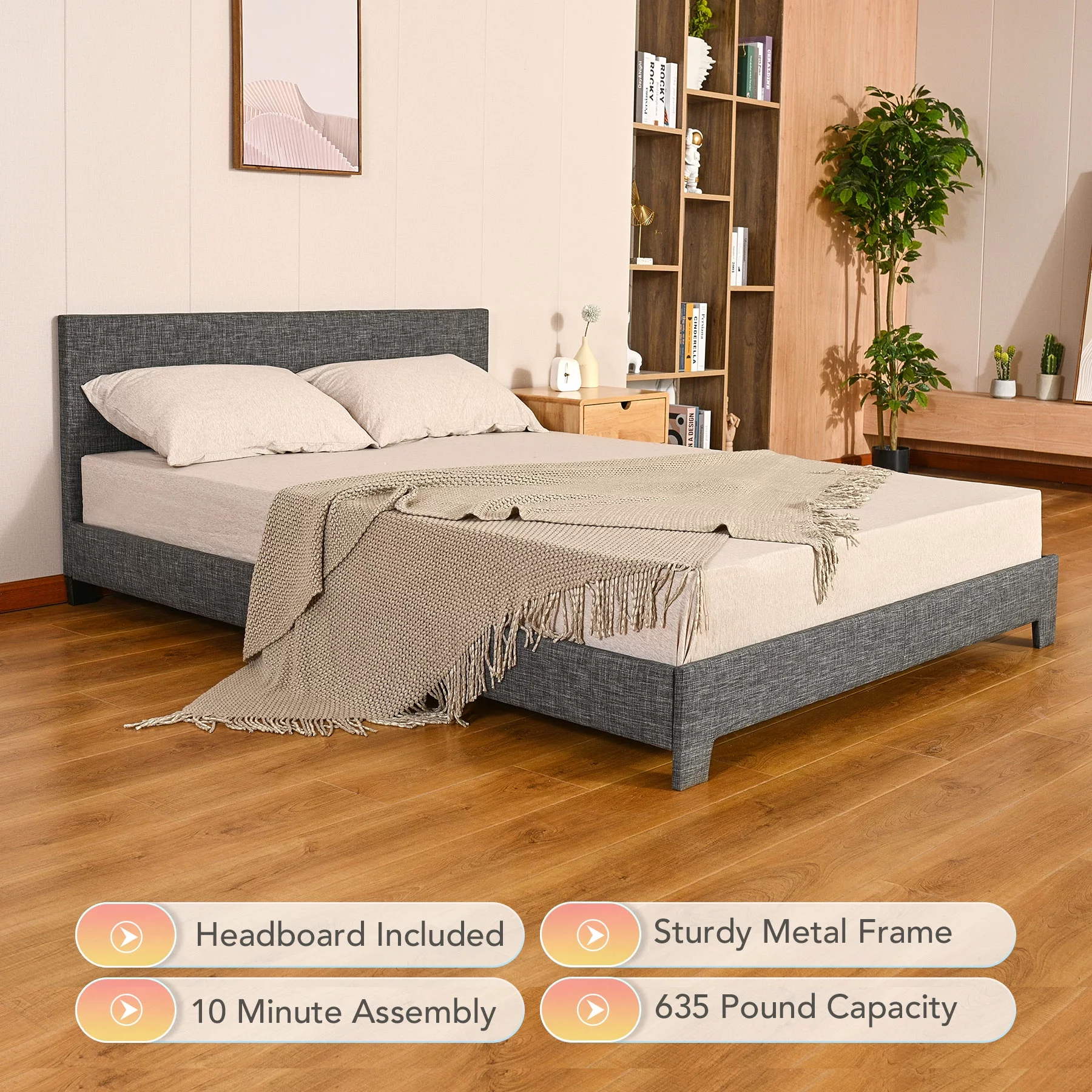 Queen Bed Frame with Headboard, Wood Slats, 9 Legs, 635 Pound Capacity, Gray