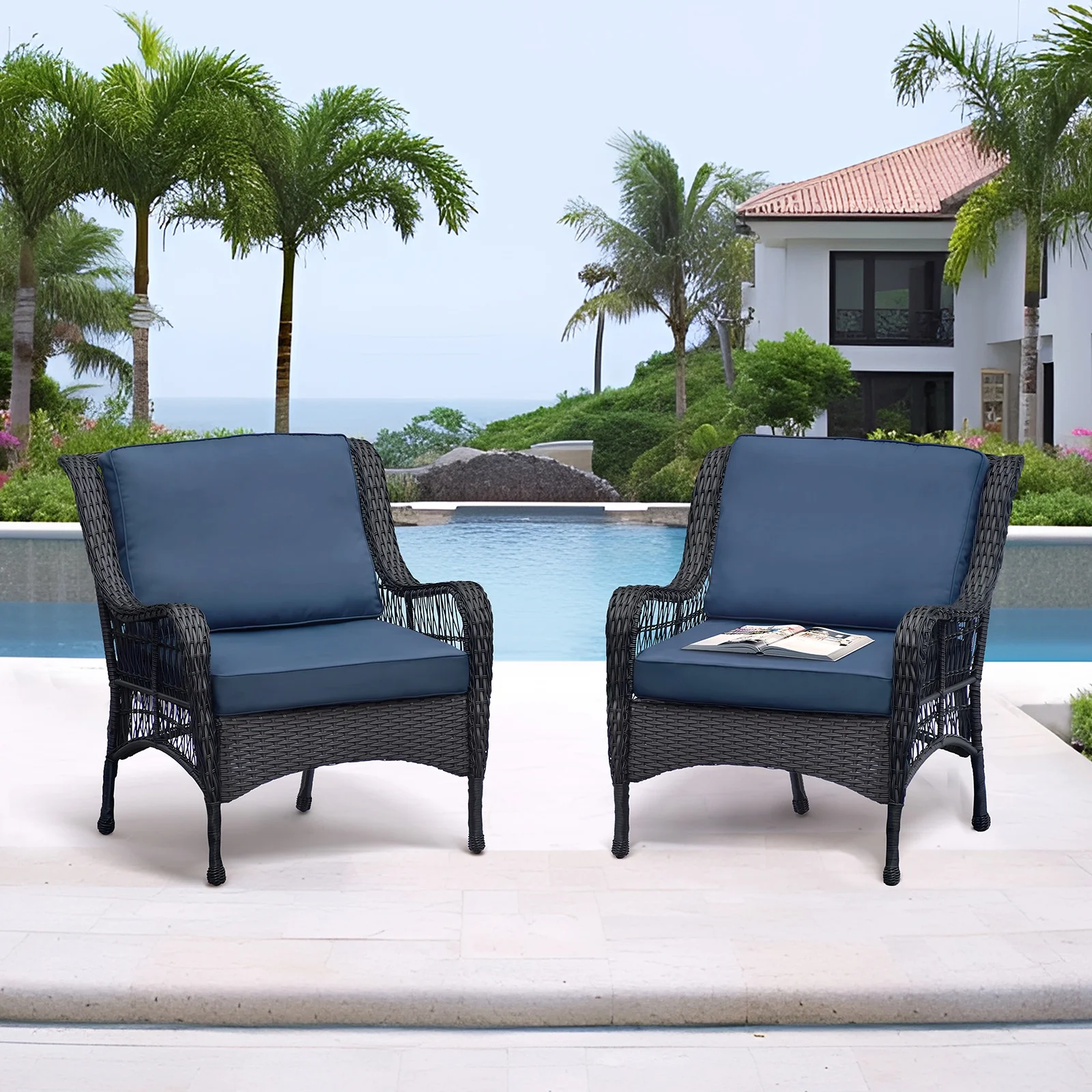ATR ART to REAL Patio Porch Chairs Set of 2,Outdoor Rattan Chairs,Navy Blue