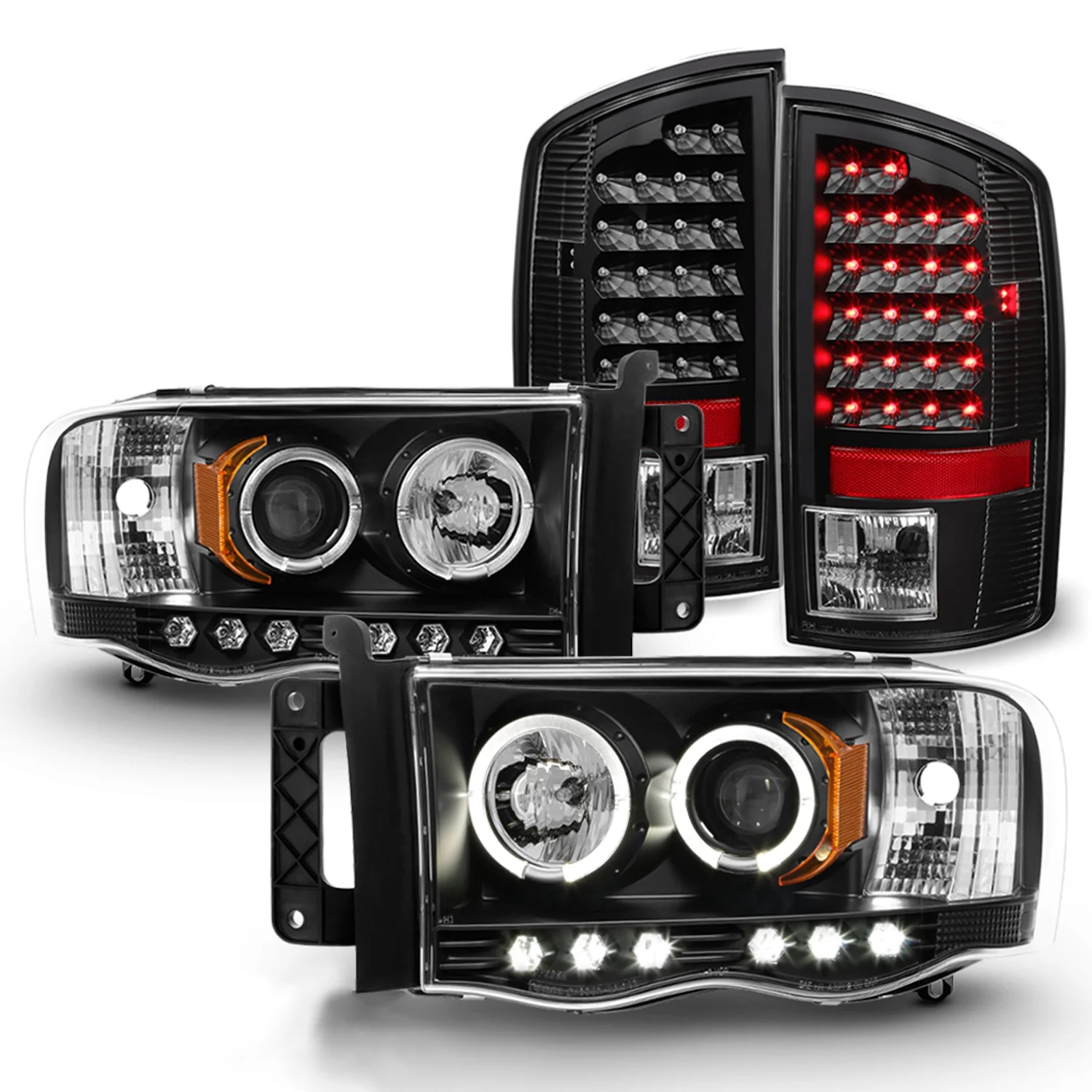AKKON - For 2003-05 Dodge Ram + 2002 Ram 1500 Black Housing Dual Halo DRL Projector LED Headlights + Tail Lamps