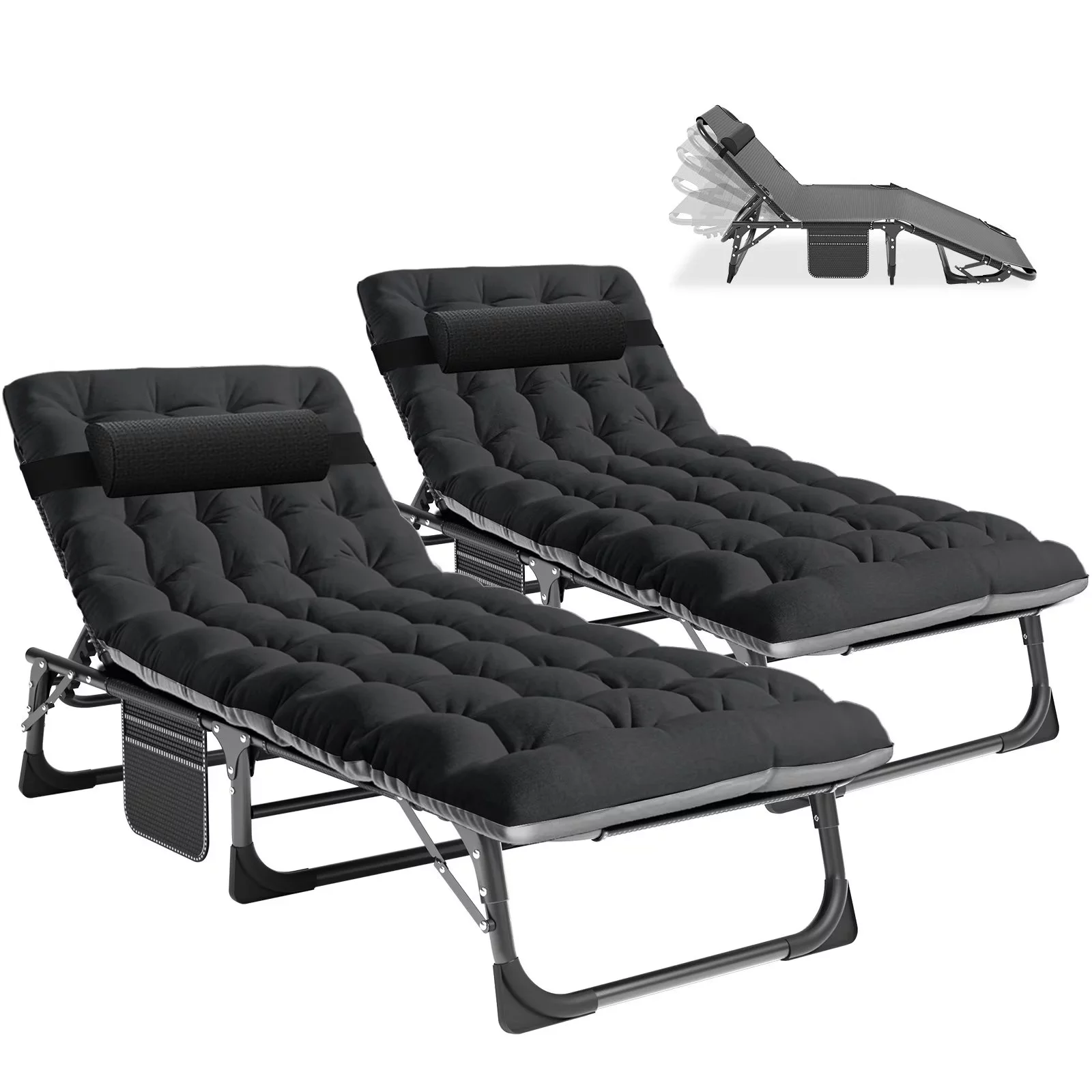 MOPHOTO Set of 2 Patio Lounge Chairs, Folding Chaise Lounge Chair 5-Position, Folding Cot, Heavy Duty Patio Chaise Lounges for Outside, Poolside, Beach, Lawn, Camping