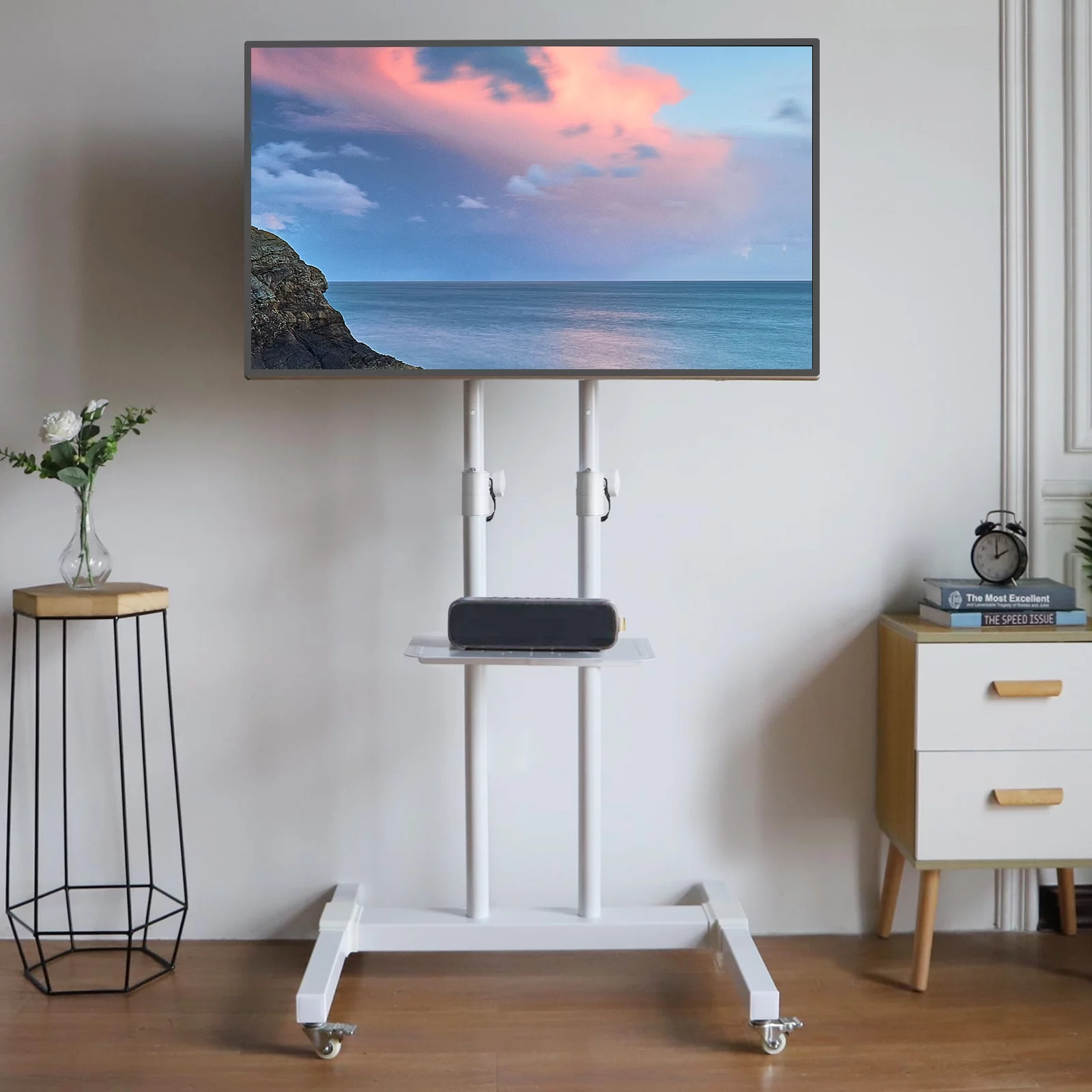 Tall TV Stand with Wheels for 32 to 85 Inch Flat Panel TVs Tilt Floor Trolley Stand Cart, White Shelf