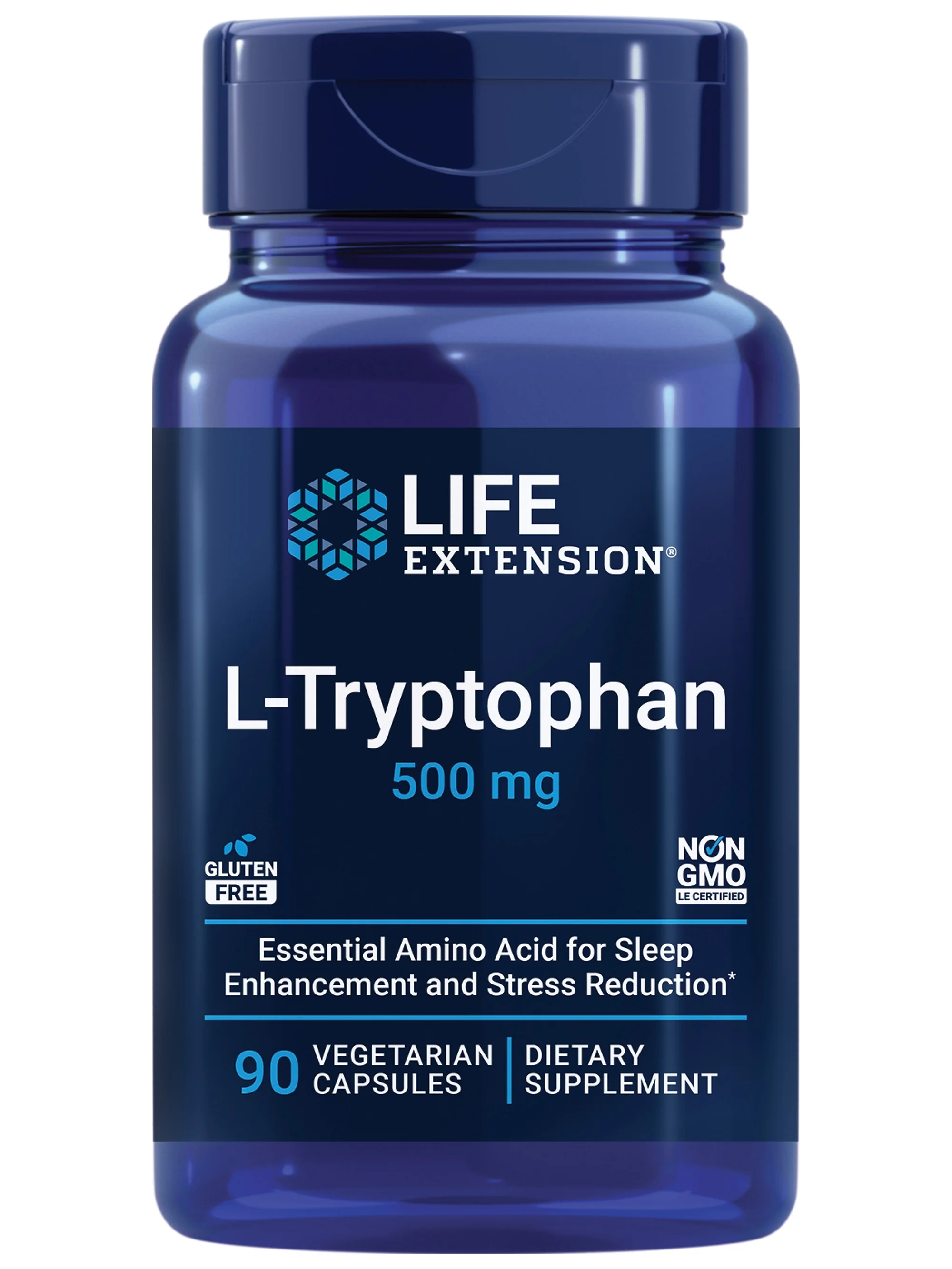 Life Extension L-Tryptophan 500 mg – L-Tryptophan Supplement for Healthy Sleep and Stress Response Support – Gluten-Free, Non-GMO, Vegetarian – 90 Capsules