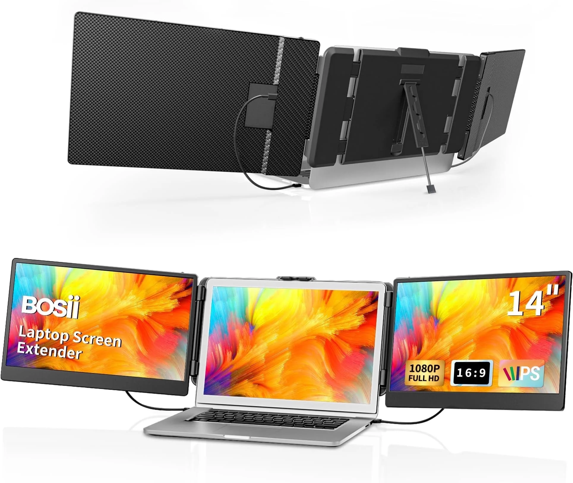 BOSII Laptop Screen Extender Portable - 14 Inch Triple IPS FHD 1080P HDMI/USB-A/Type-C Extended Monitor for Laptops (Maximum Length: 15.74