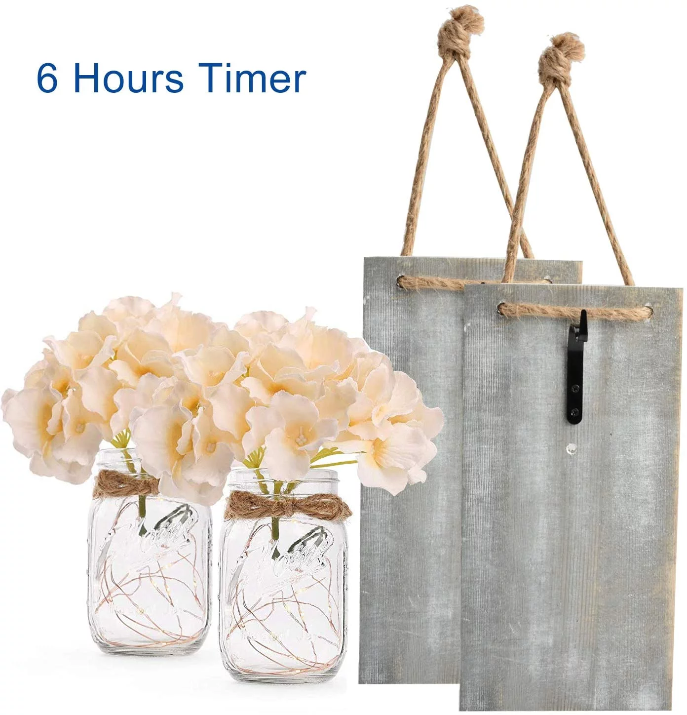 Set of 2 - Rustic Wall Sconces - Mason Jars Sconce with Hooks, LED Fairy Lights with Timer for Home Wall Door Decoration Gift (Grey)