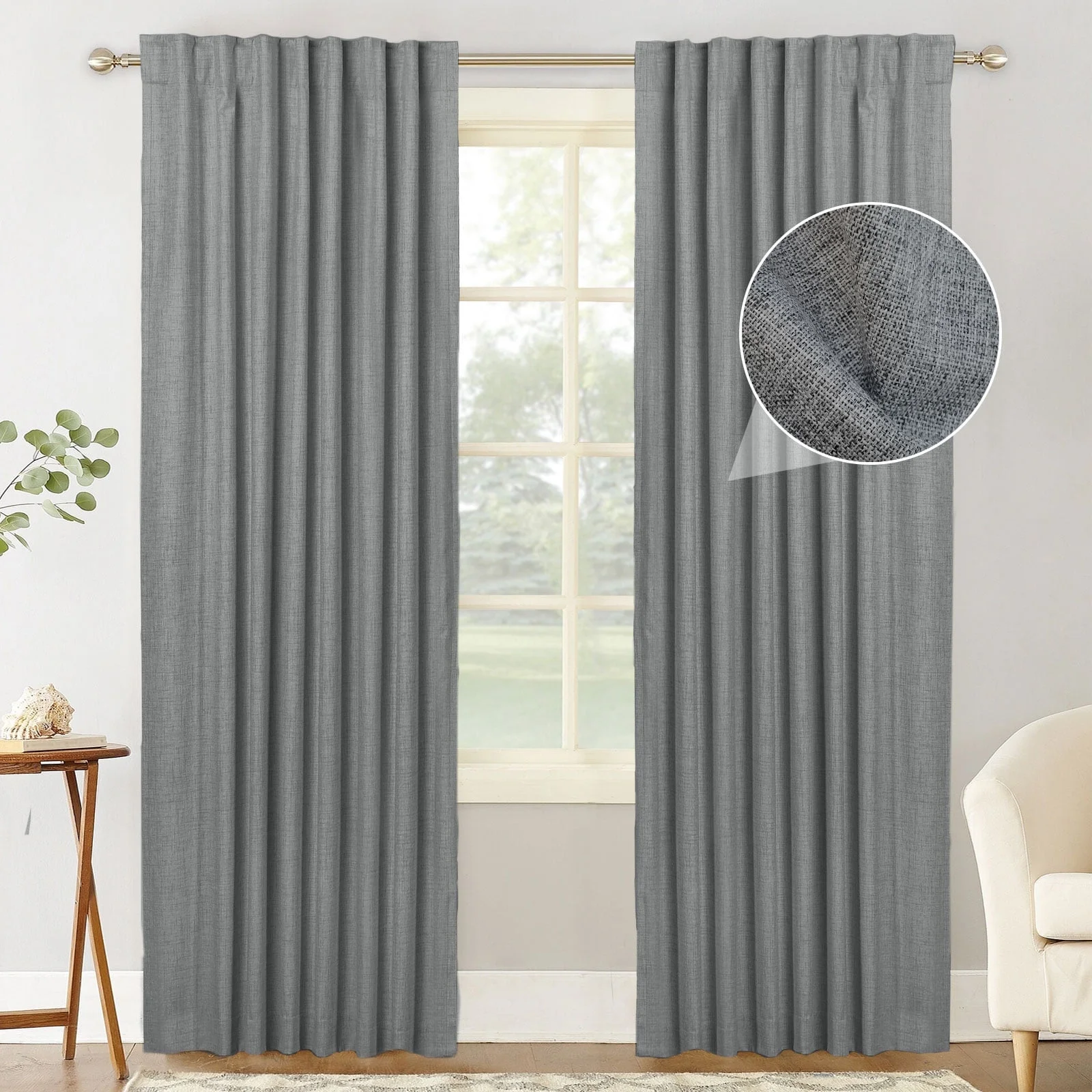 100% Blackout Curtains 2 Panels Set, Machine Washable Linen Textured Blackout drape for Bedroom, Back Tab/Rod Pocket Curtains, DarkGray & W50