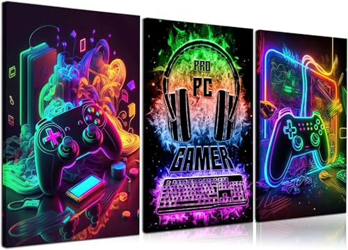 3Pcs Cool Gaming Wall Art Retro Video Game watercolor Posters Pictures Colorful Neon Gamepad Canvas Painting Prints for Boys Room Kids Game Room Bedroom for Boys Home Decoration 12x16in Unframed