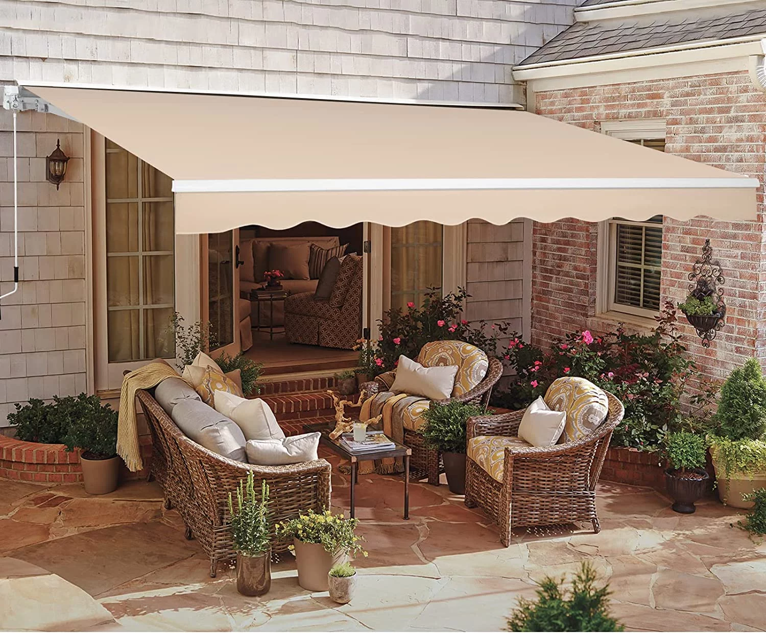 AECOJOY 8' x 10' Manual Retractable Patio Awning,Outdoor Awning Retractable Sunshade Shelter-Beige