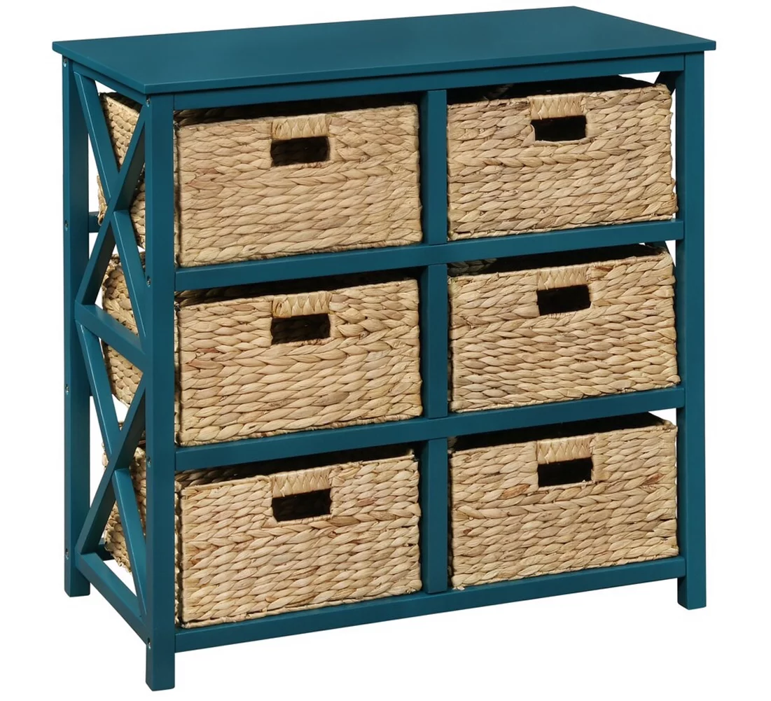 eHemco 3 Tier X-Side End Storage Cabinet with 6 Water Hyacinth Natural Wicker Baskets, Teal