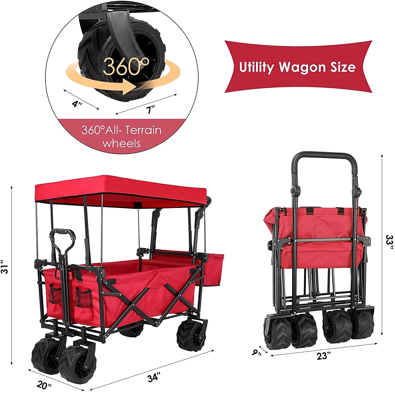 LAZY BUDDY Collapsible Utility Wagon Cart Red Wondful Beach Wagon with Canopy, Pull Push Cart for Garden, Shopping, Fishing