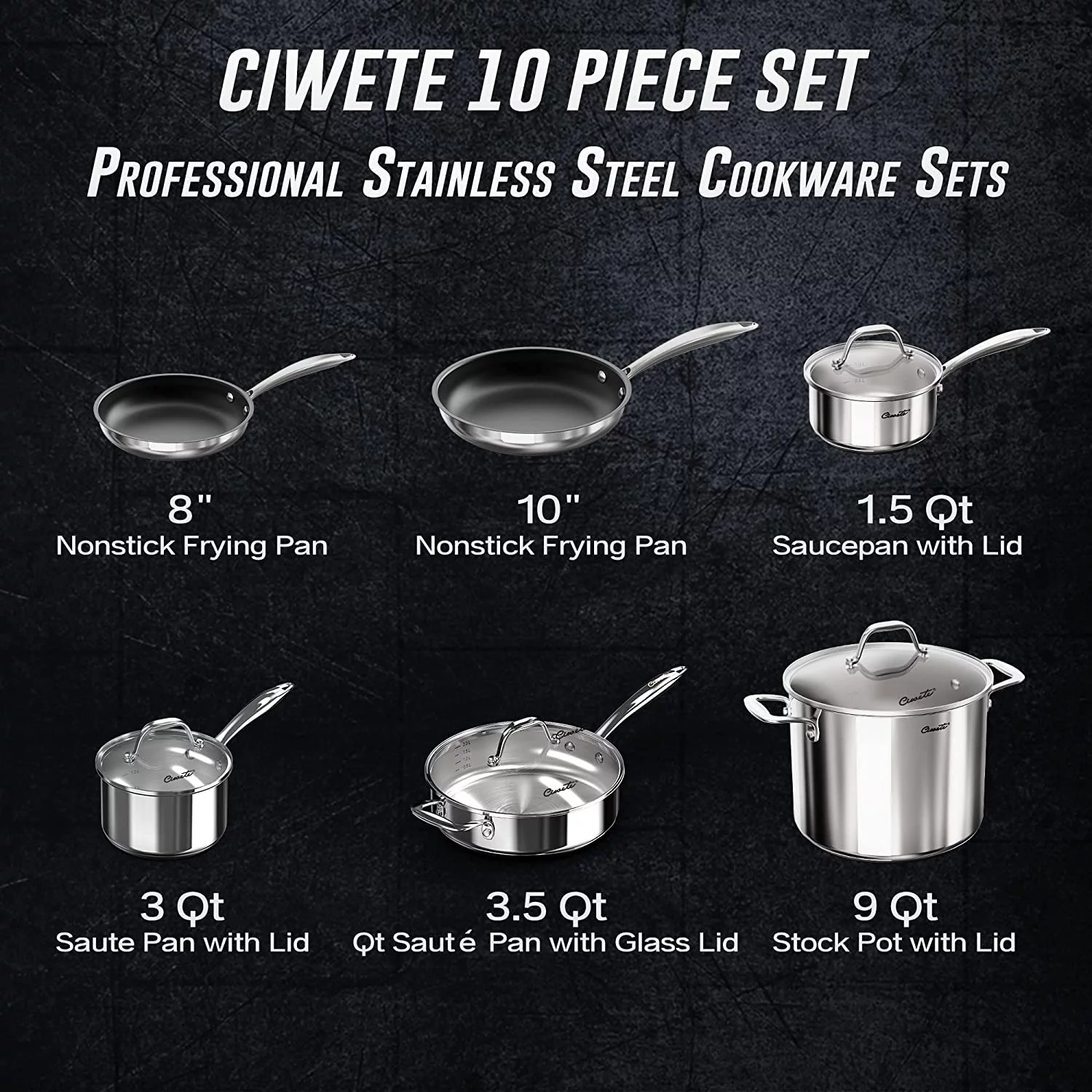 Ciwete Stainless Steel Pots and Pans Set 10 Piece  Kitchen Cookware Set with Nonstick Frying Pans and Glass Lids  Induction Cookware Set   Including 2 Saucepans  Sauté pan  2 Frying Pans