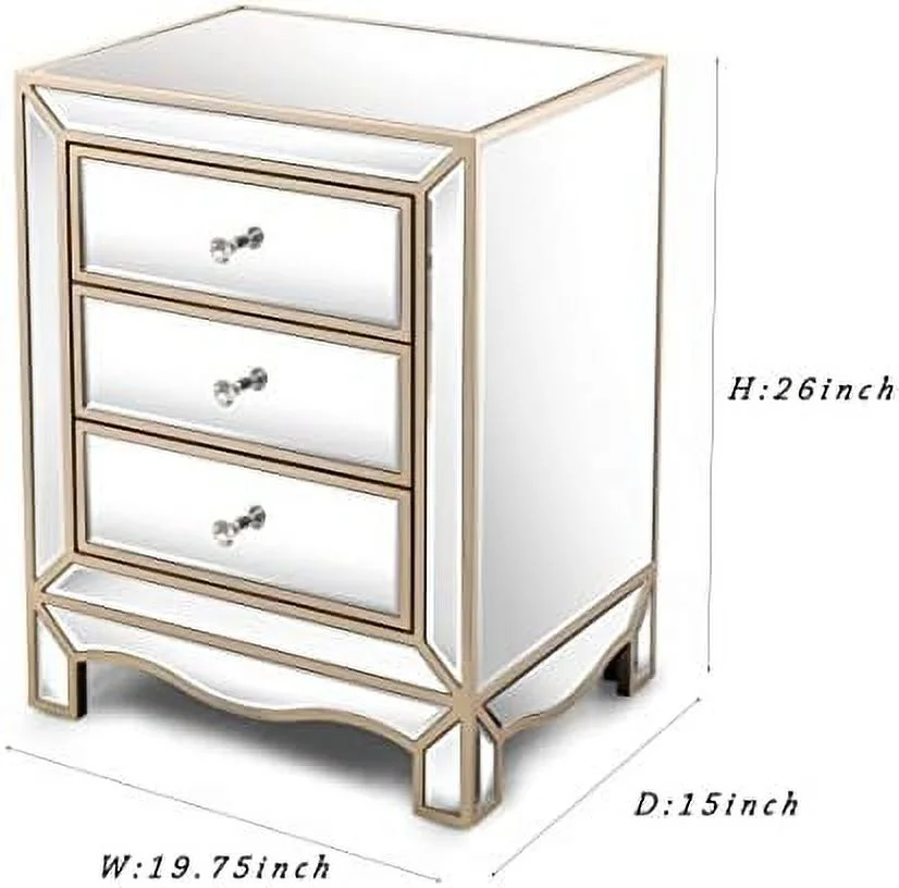 TJBOLIFE Mirrored Nightstand Bedside Table  Modern 3-Drawer Mirrored Accent End Tables Sofa  with Crystal-Style Knobs for Bedroom  Living Room (Silver)