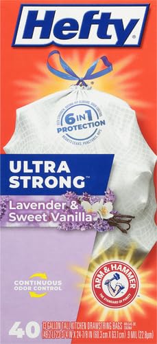Hefty Ultra Strong 13 Gallon Trash Bags, Tall Kitchen Trash Bags 13 Gallon Size, Drawstring Closure, Continuous Odor Control, White, Lavender and Sweet Vanilla Scent, 80 Bags