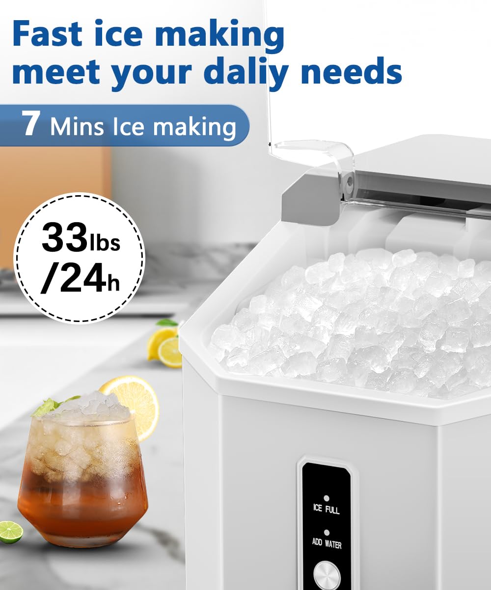 Joy Pebble Nugget Ice Maker, 10,000pcs/33lbs/Day, Portable Handheld Nugget Ice Maker Machine with Handle, Ice Makers Countertop Self-Cleaning, Ice Scoop and Basket, for Home/Office/Party, White