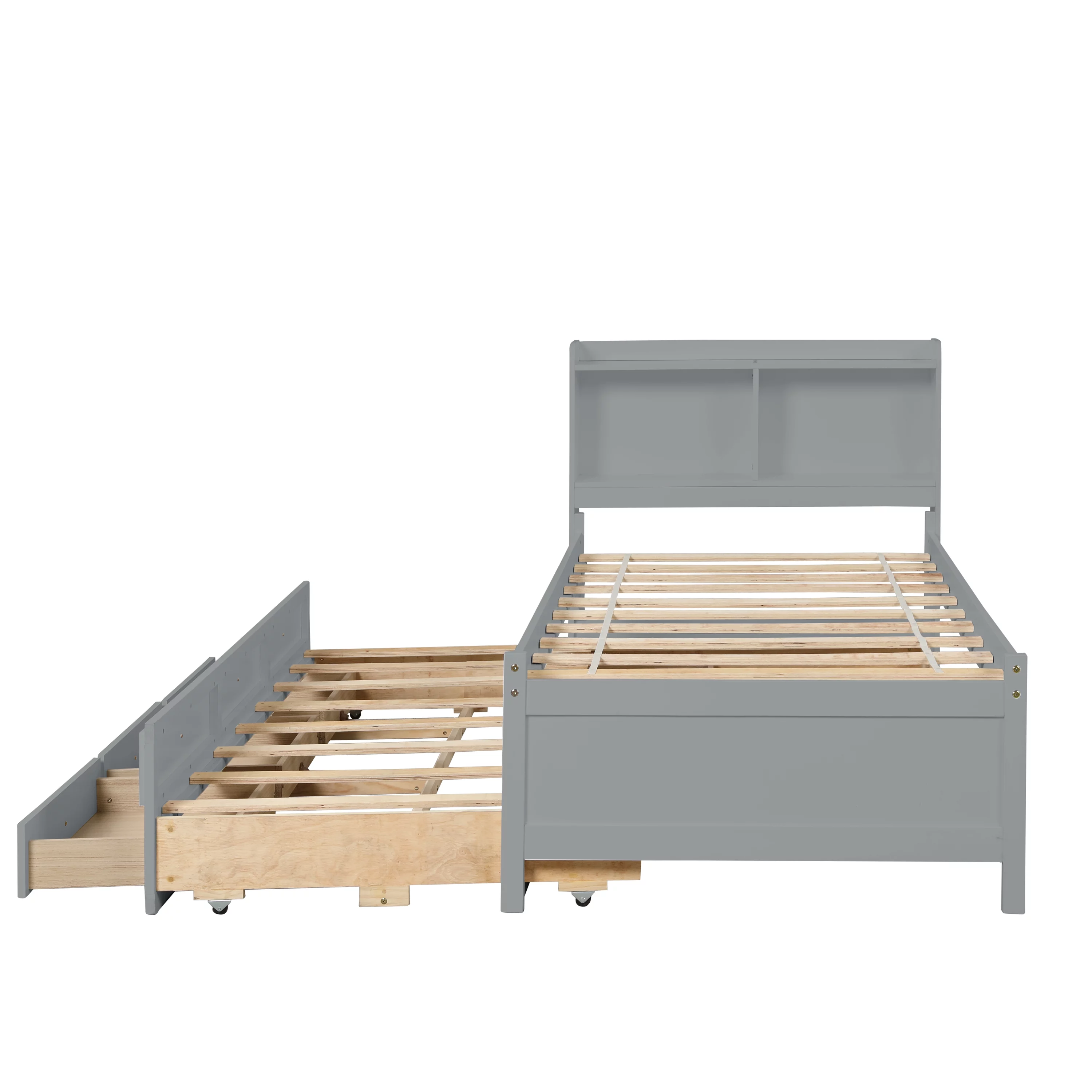 Twin Bed Frame with Bookcase Headboard,Wooden Twin Size Platform Bed with Trundle and 3 Storage Drawers,Twin Storage Bed for Kids Girls Boys,No Box Spring Needed,Grey