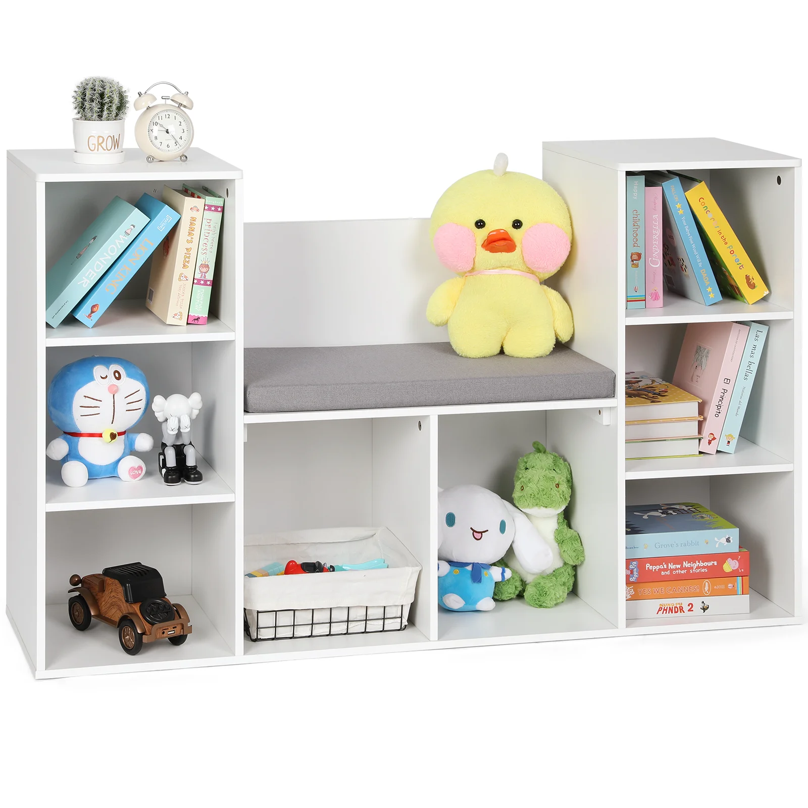 Cowiewie 47.2'' W x 29.9''H x 13.4''D Kids Bookshelf with Reading Nook, 8-Cubby Toy Storage Organizer for Playroom, Kids Room, White