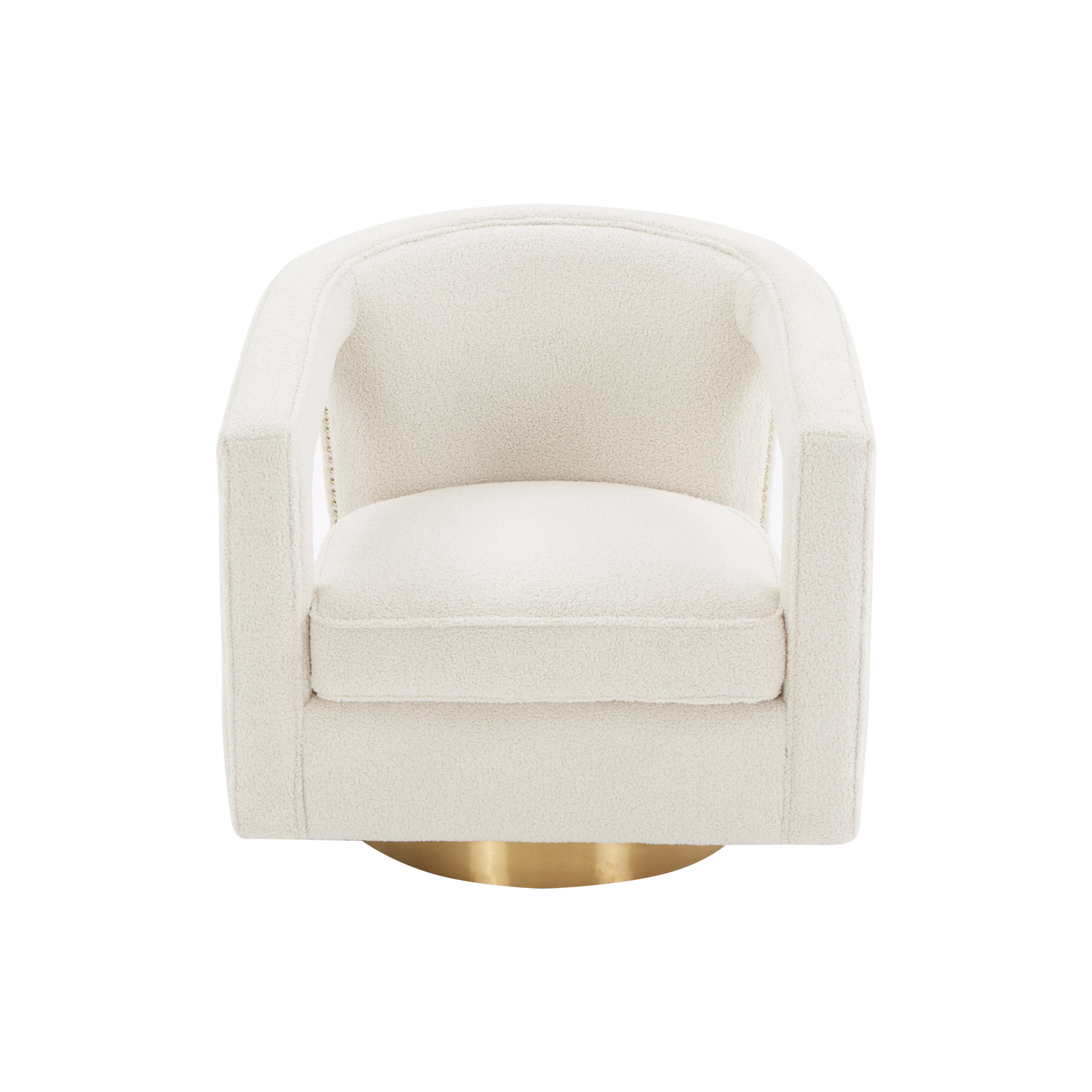MEXIYA Stark Modern White Fake Fur Textured Velvet Upholstered Swivel Accent Chair with Brushed Gold Base