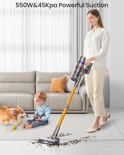 Cordless Vacuum Cleaner, 45Kpa 550W 65Mins Self-Standing Vacuum Cleaners for Home, Stick Vacuum with Touch Screen, Anti-tangle Brush, Rechargeable Vacuum Cordless for Pet Hair, Carpet, Hardwood Floor