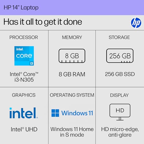 HP 14 inch Laptop, HD Display, Intel Core i3-N305, 8 GB RAM, 256 GB SSD, Intel UHD Graphics, Windows 11 Home in S Mode, Natural Silver, 14-ep0299nr